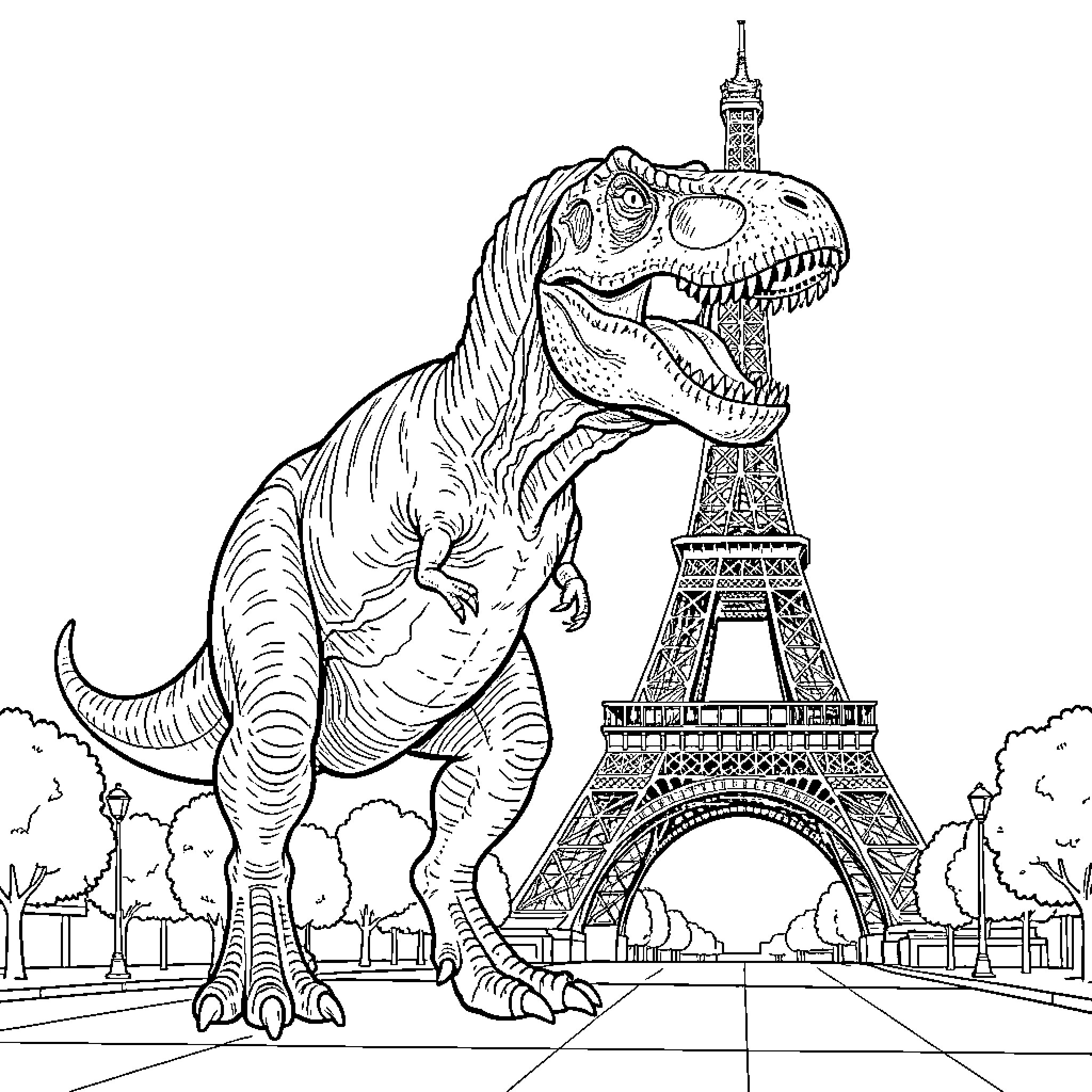 Trex roaring loudly in front of the Eiffel Tower Coloring Page (free black-and-white line drawing printable PDF for all, from beginners to advanced learners, including children, teens, adults, and seniors)