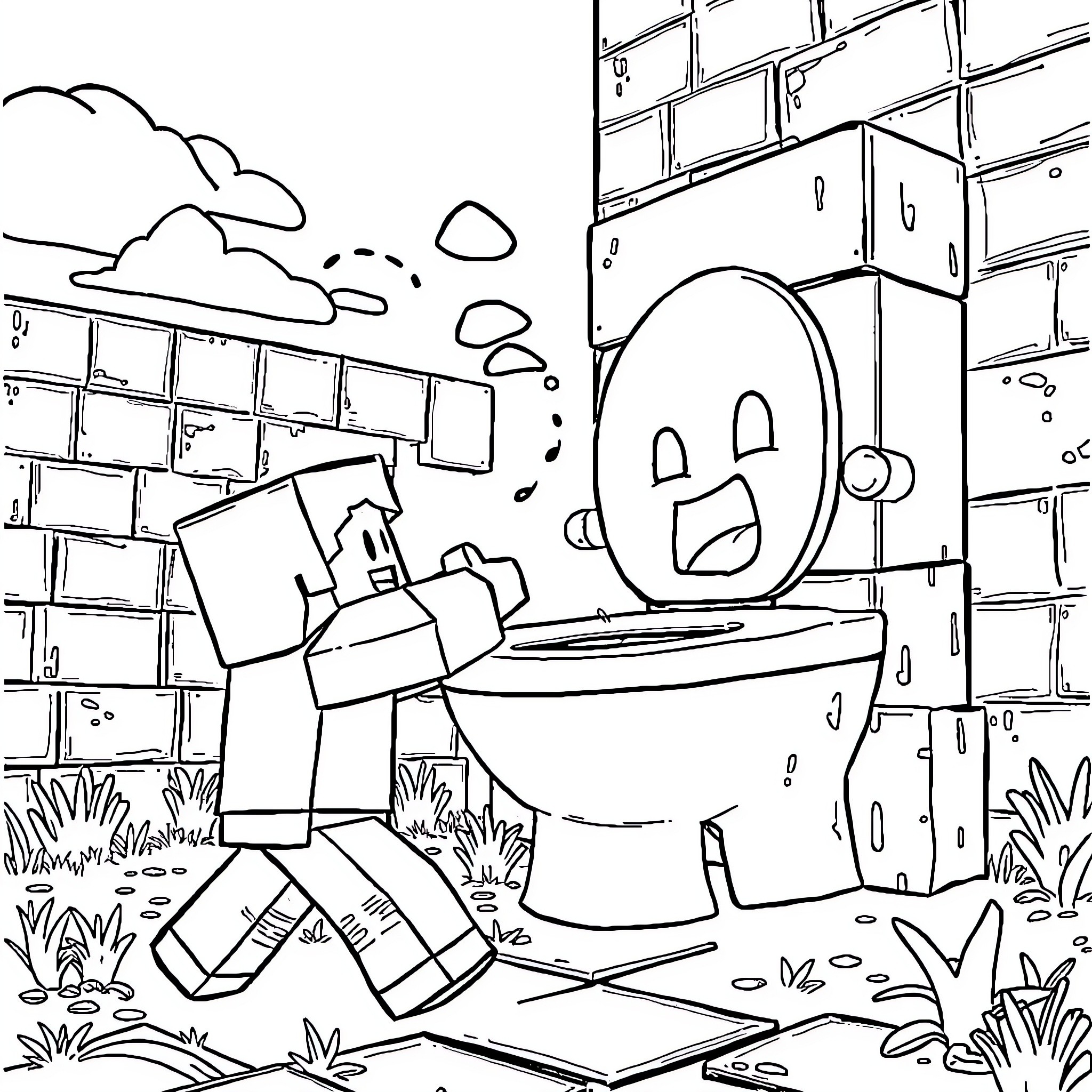 Steve's humorous encounter with a smiling toilet Coloring Page (free black-and-white line drawing printable PDF for all, from beginners to advanced learners, including children, teens, adults, and seniors)