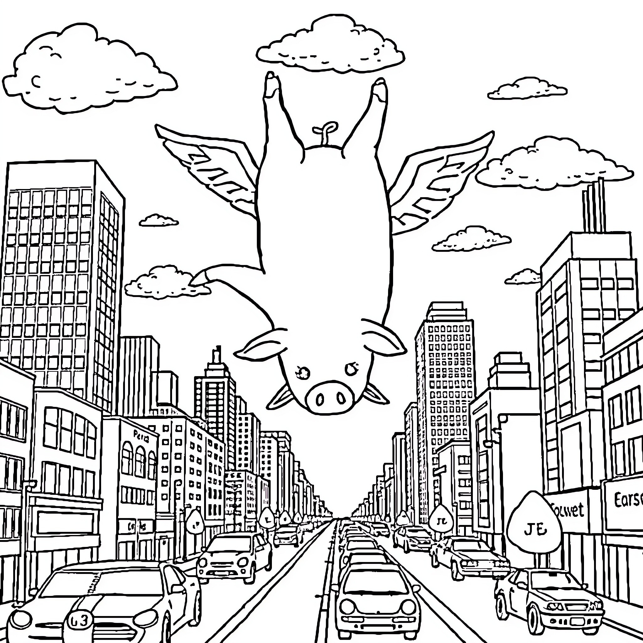 Pig flying over the city skyline Coloring Page (free black-and-white line drawing printable PDF for all, from beginners to advanced learners, including children, teens, adults, and seniors)