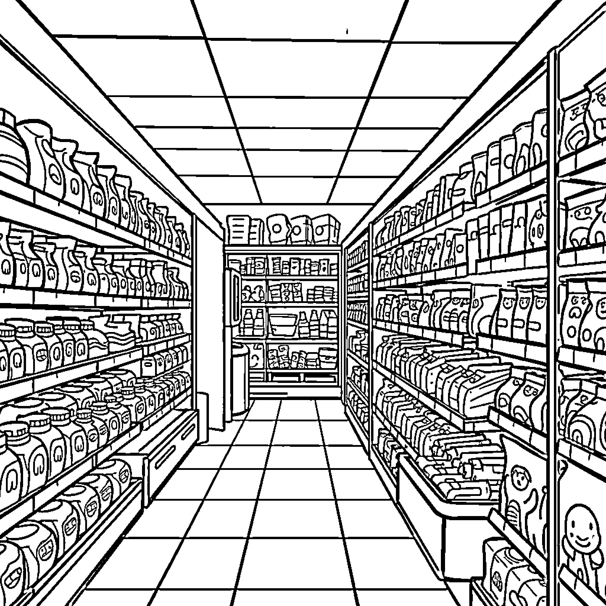 Supermarket Aisles Filled with Diverse Products Coloring Page (free black-and-white line drawing printable PDF for all, from beginners to advanced learners, including children, teens, adults, and seniors)