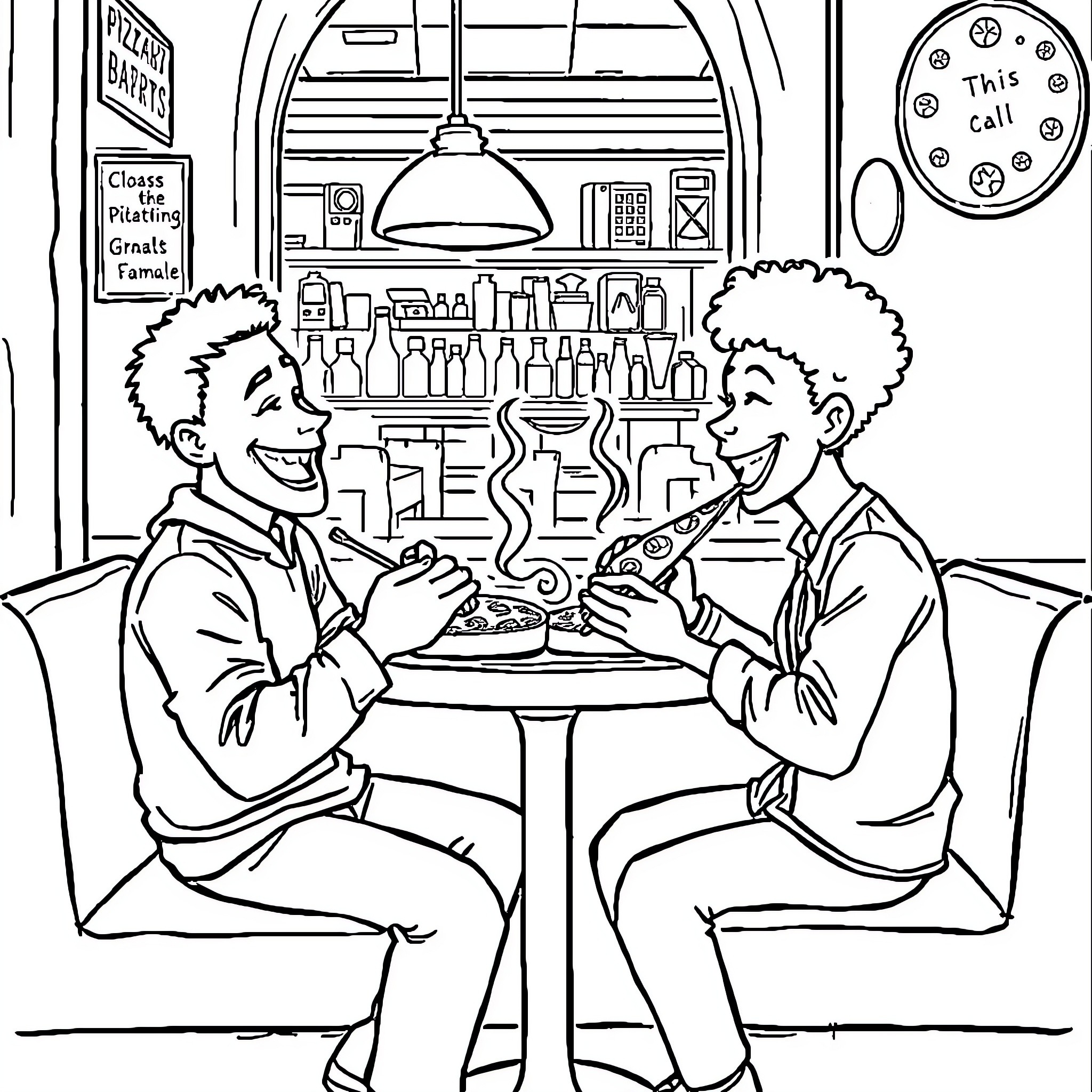 Person enjoying pizza in cozy diner setting Coloring Page (free black-and-white line drawing printable PDF for all, from beginners to advanced learners, including children, teens, adults, and seniors)