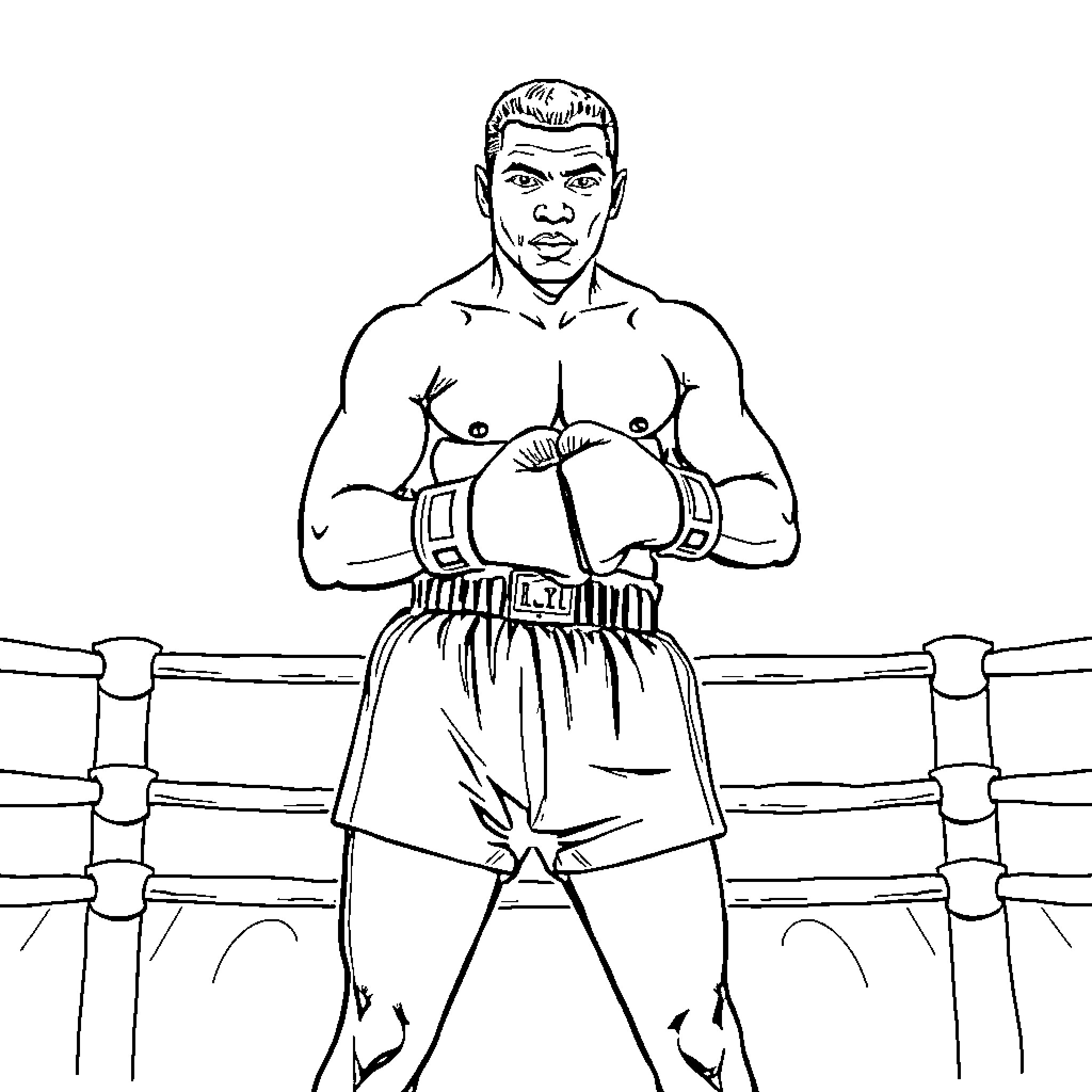 Mohamed Ali boxing in the ring Coloring Page (free black-and-white line drawing printable PDF for all, from beginners to advanced learners, including children, teens, adults, and seniors)