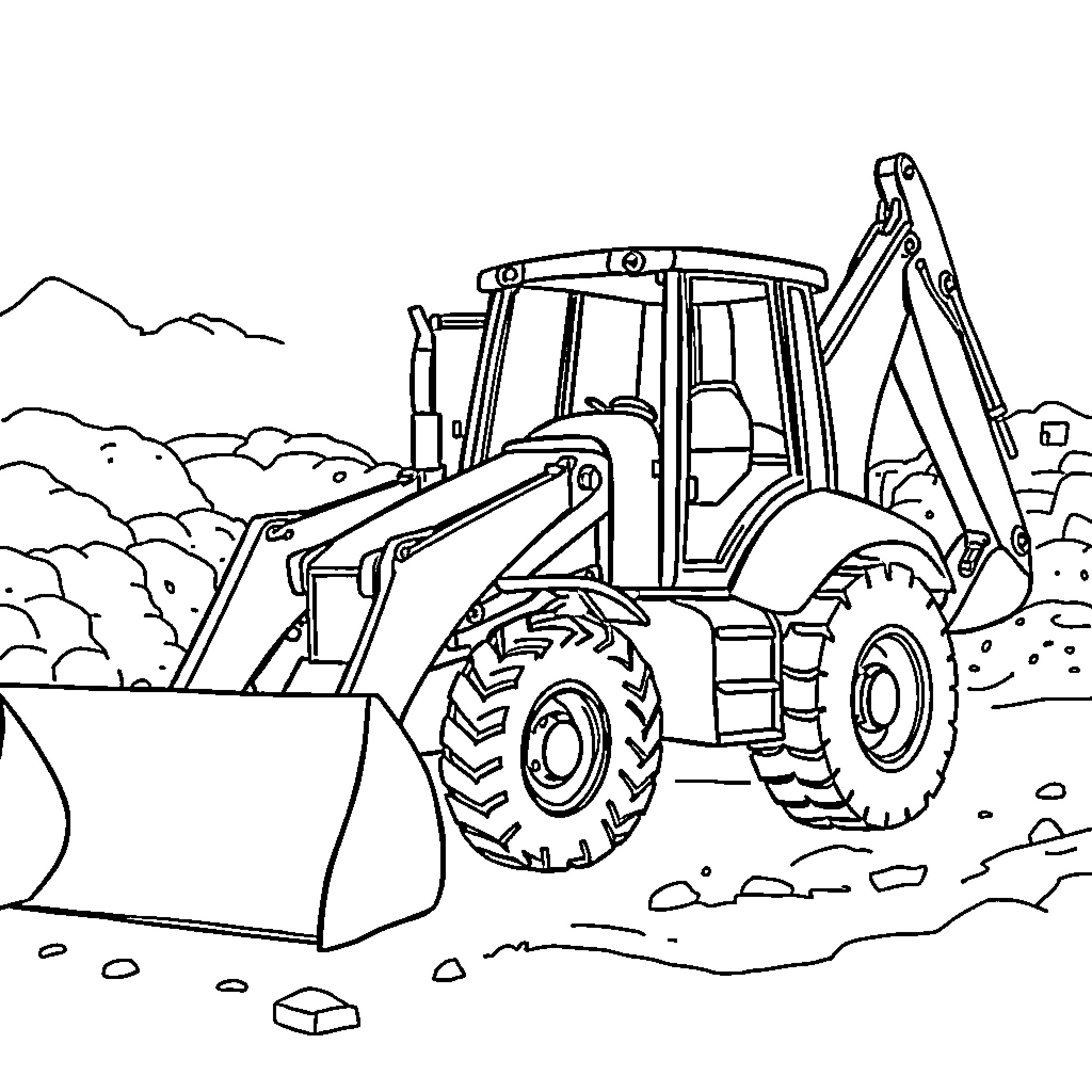 Tractor at work on a construction site Coloring Page (free black-and-white line drawing printable PDF for all, from beginners to advanced learners, including children, teens, adults, and seniors)