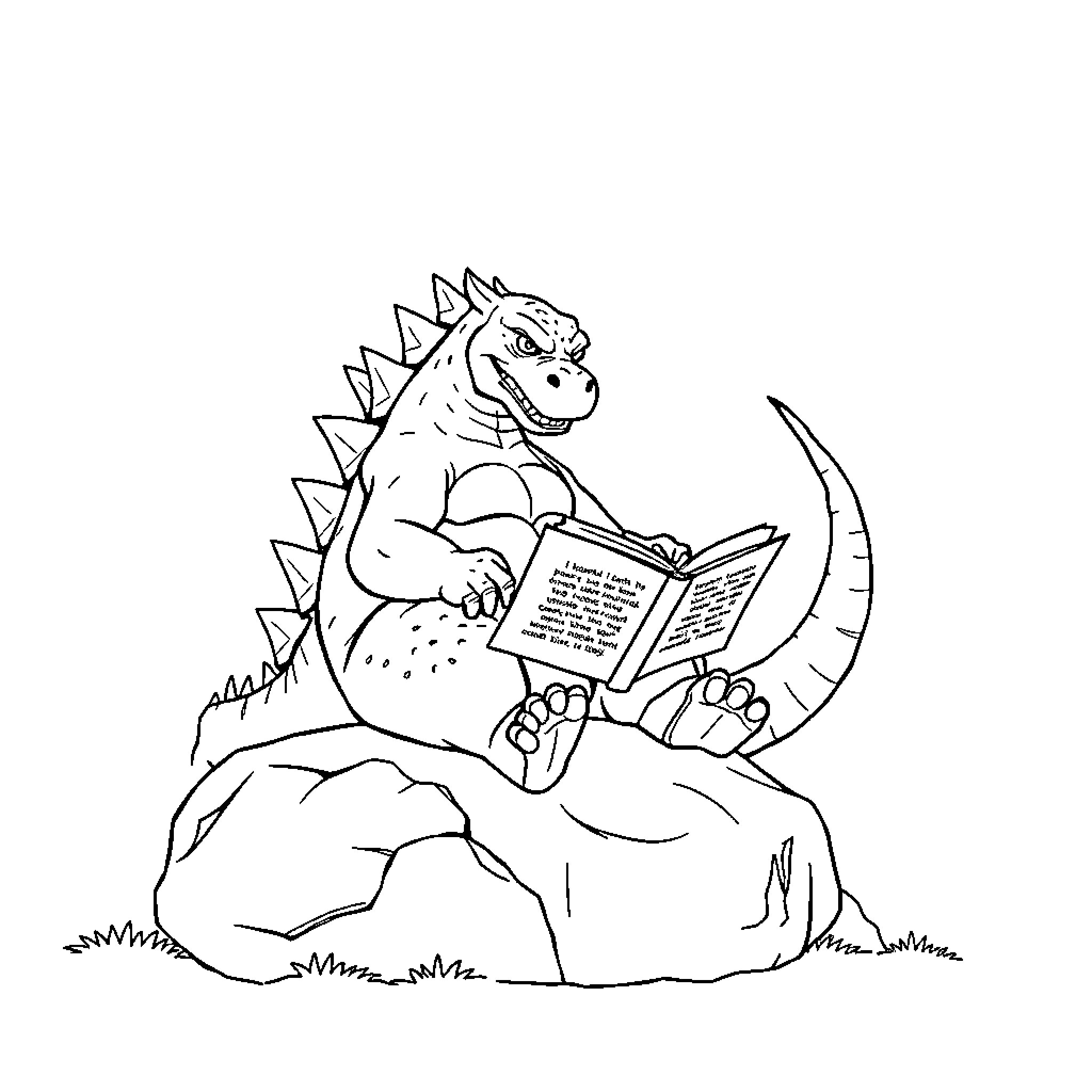 Godzilla reading a book on a rock Coloring Page (free black-and-white line drawing printable PDF for all, from beginners to advanced learners, including children, teens, adults, and seniors)