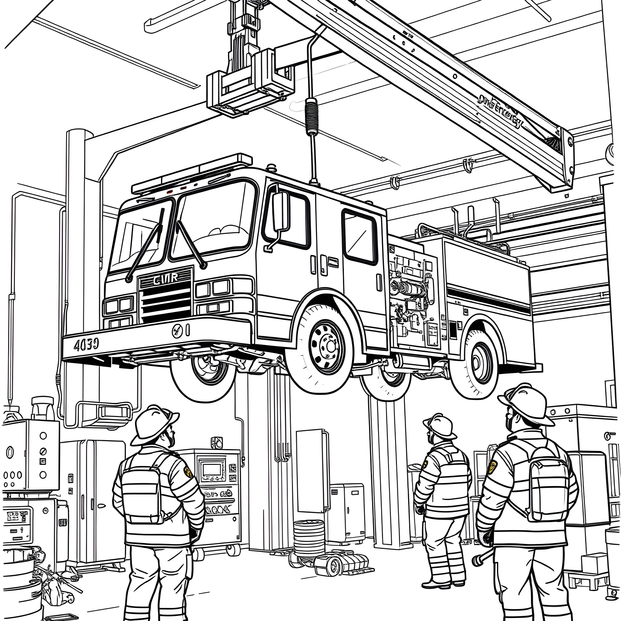 Firetruck undergoing maintenance in a repair shop Coloring Page (free black-and-white line drawing printable PDF for all, from beginners to advanced learners, including children, teens, adults, and seniors)