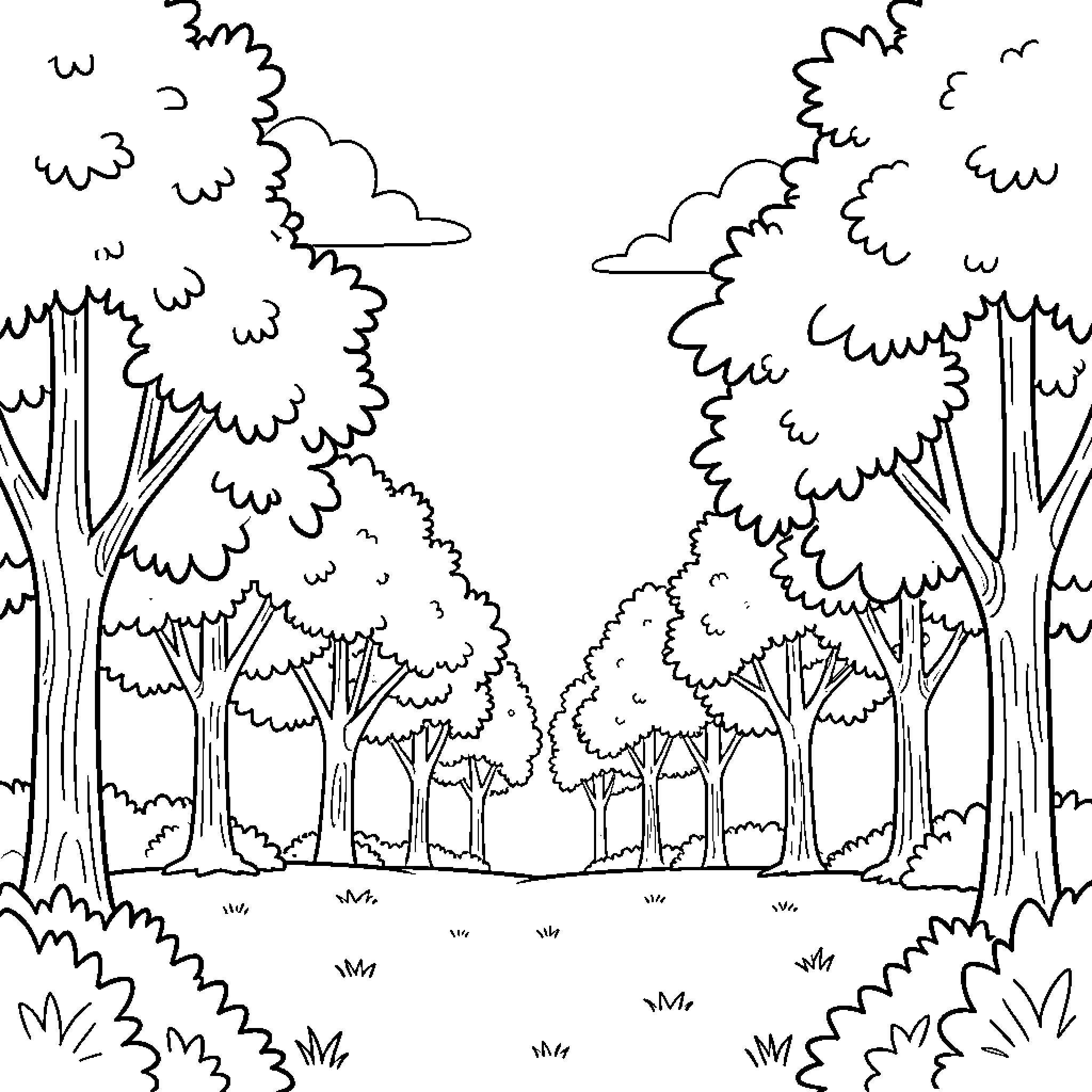 Environment with dense forest landscape Coloring Page (free black-and-white line drawing printable PDF for all, from beginners to advanced learners, including children, teens, adults, and seniors)