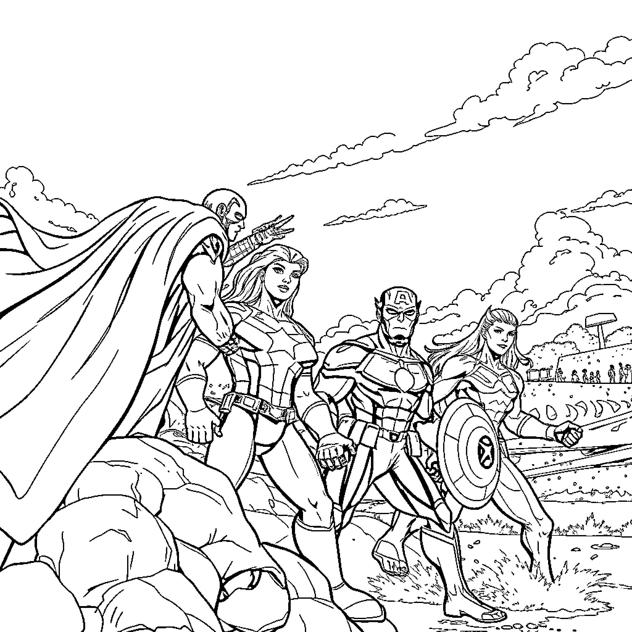 Marvel Heroes Assemble for Epic Battle Coloring Page (free black-and-white line drawing printable PDF for all, from beginners to advanced learners, including children, teens, adults, and seniors)