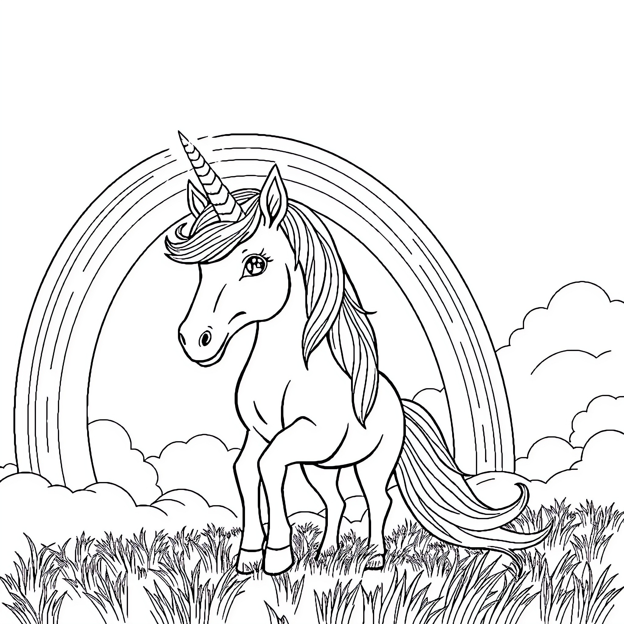 Unicorn standing under a rainbow in a grassy field Coloring Page (free black-and-white line drawing printable PDF for all, from beginners to advanced learners, including children, teens, adults, and seniors)
