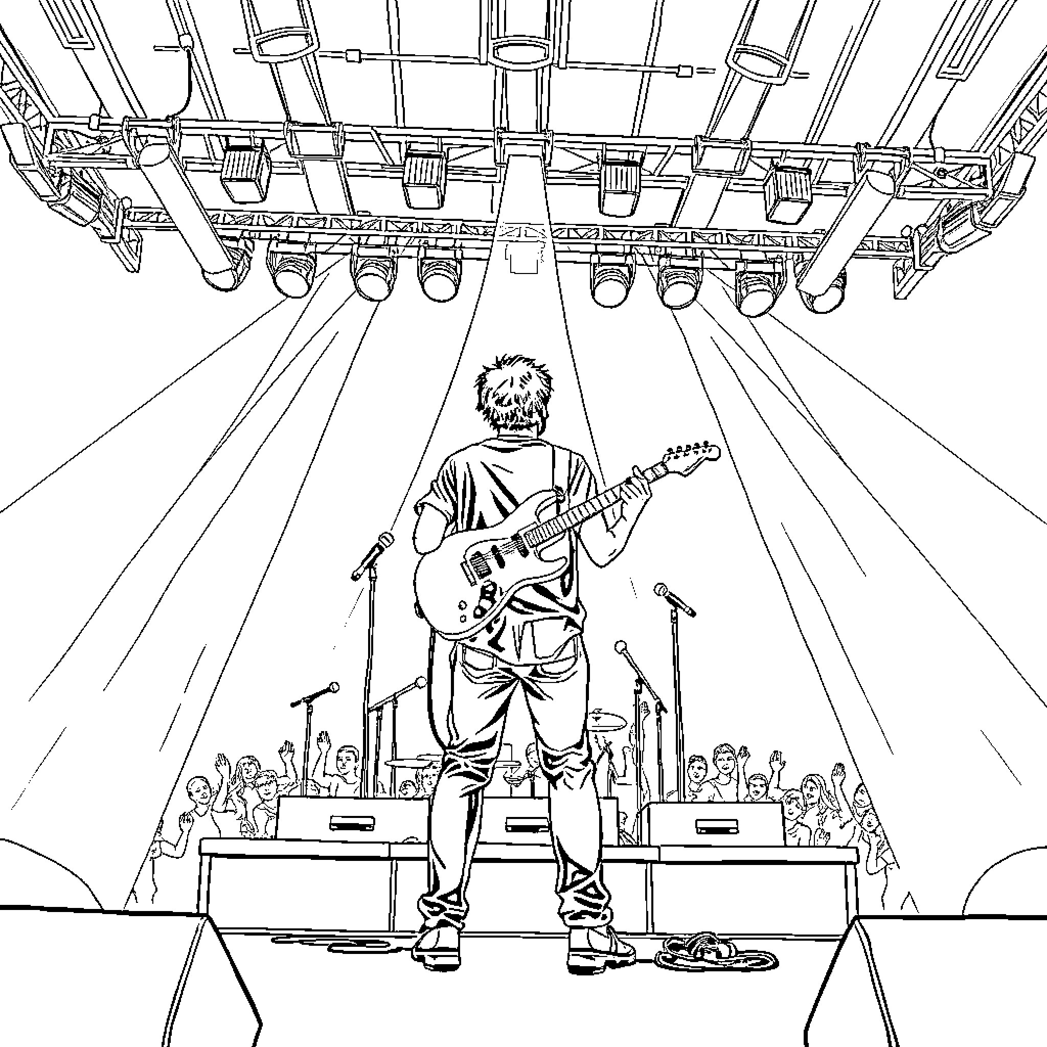 Guitarist performing on stage with a crowd Coloring Page (free black-and-white line drawing printable PDF for all, from beginners to advanced learners, including children, teens, adults, and seniors)