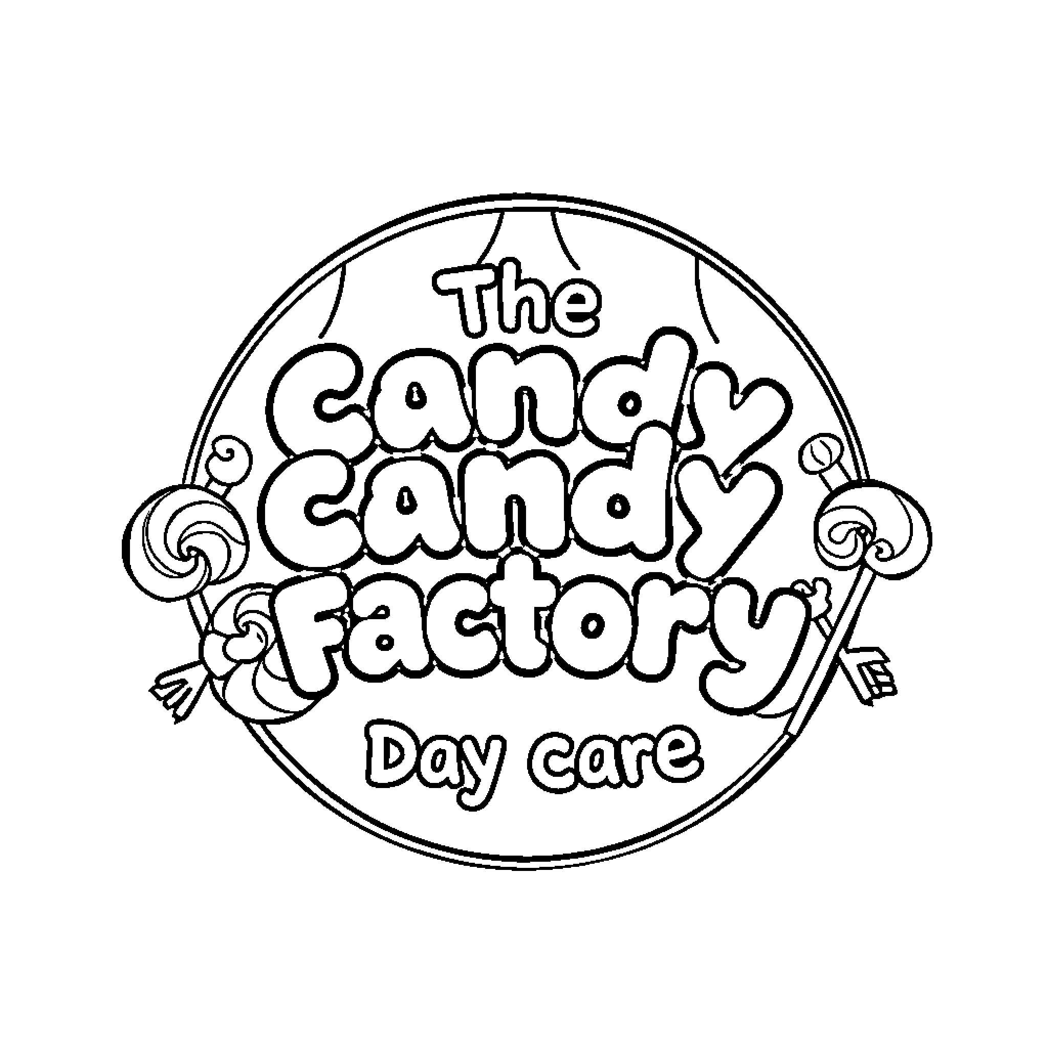 Candy Factory themed Day care logo Coloring Page (free black-and-white line drawing printable PDF for all, from beginners to advanced learners, including children, teens, adults, and seniors)