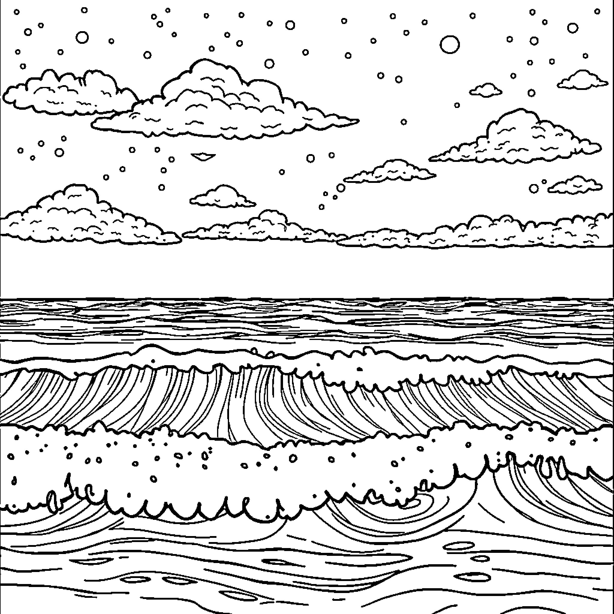 Sea of stormy waves and cloudy skies Coloring Page (free black-and-white line drawing printable PDF for all, from beginners to advanced learners, including children, teens, adults, and seniors)