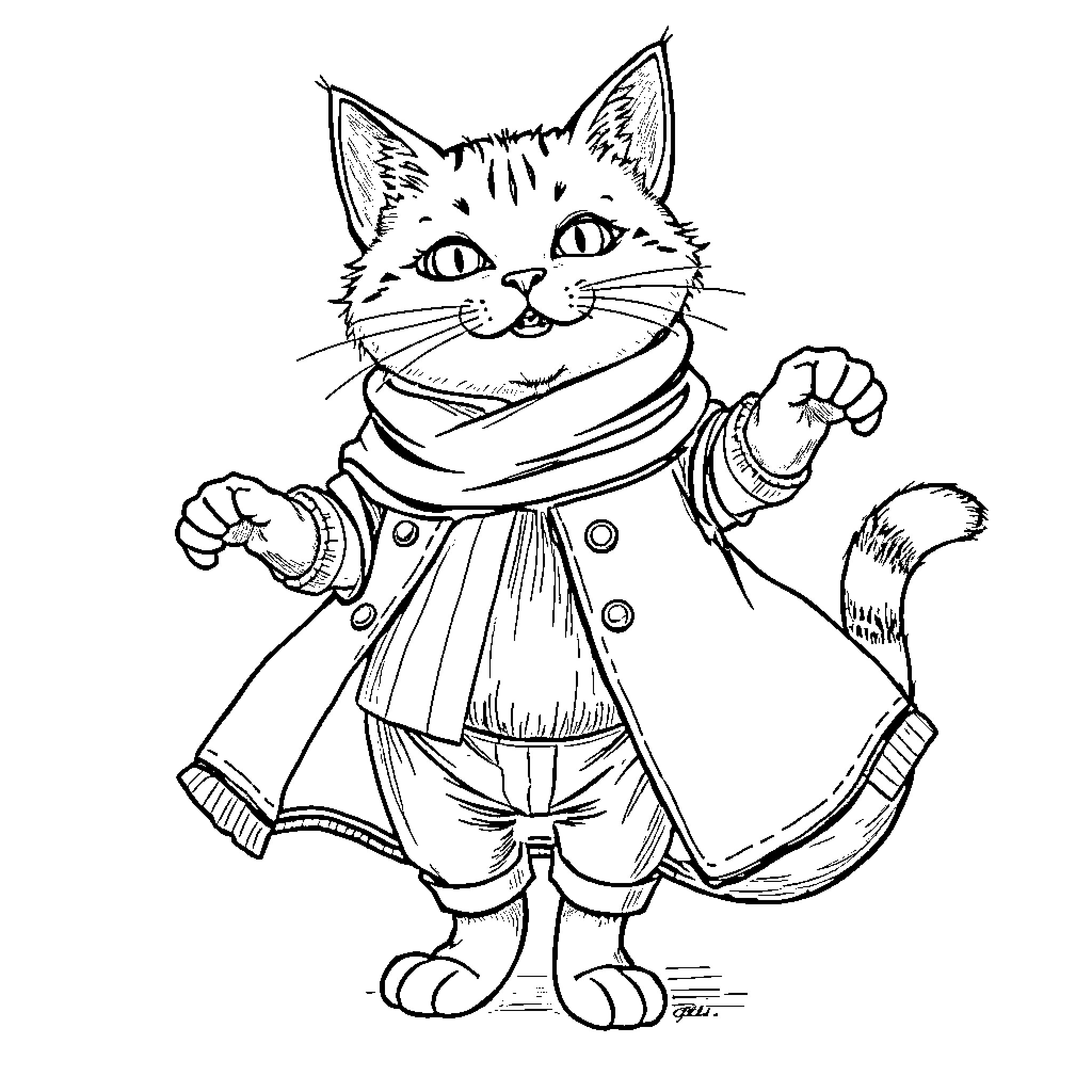 Cat in stylish outfit with paws up Coloring Page (free black-and-white line drawing printable PDF for all, from beginners to advanced learners, including children, teens, adults, and seniors)