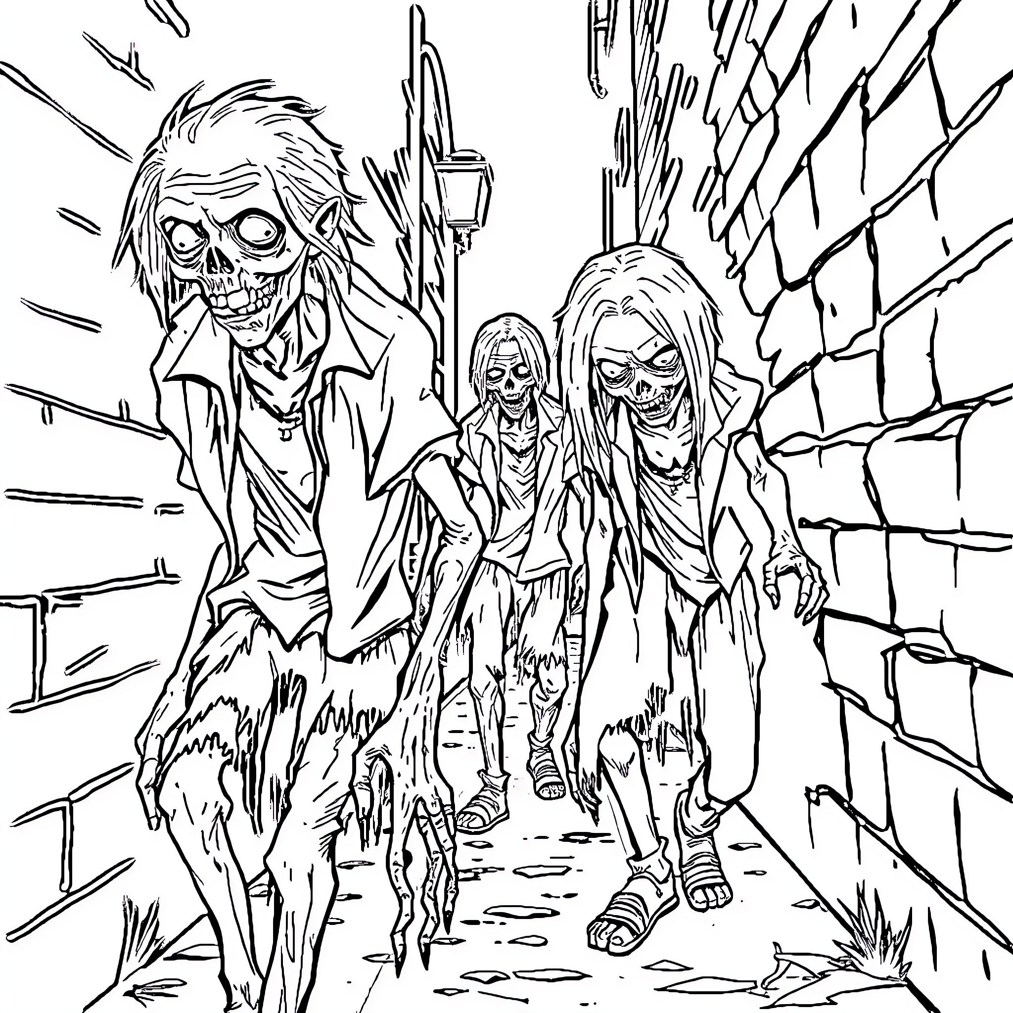 Zombie horde advancing through the dark alley Coloring Page (free black-and-white line drawing printable PDF for all, from beginners to advanced learners, including children, teens, adults, and seniors)