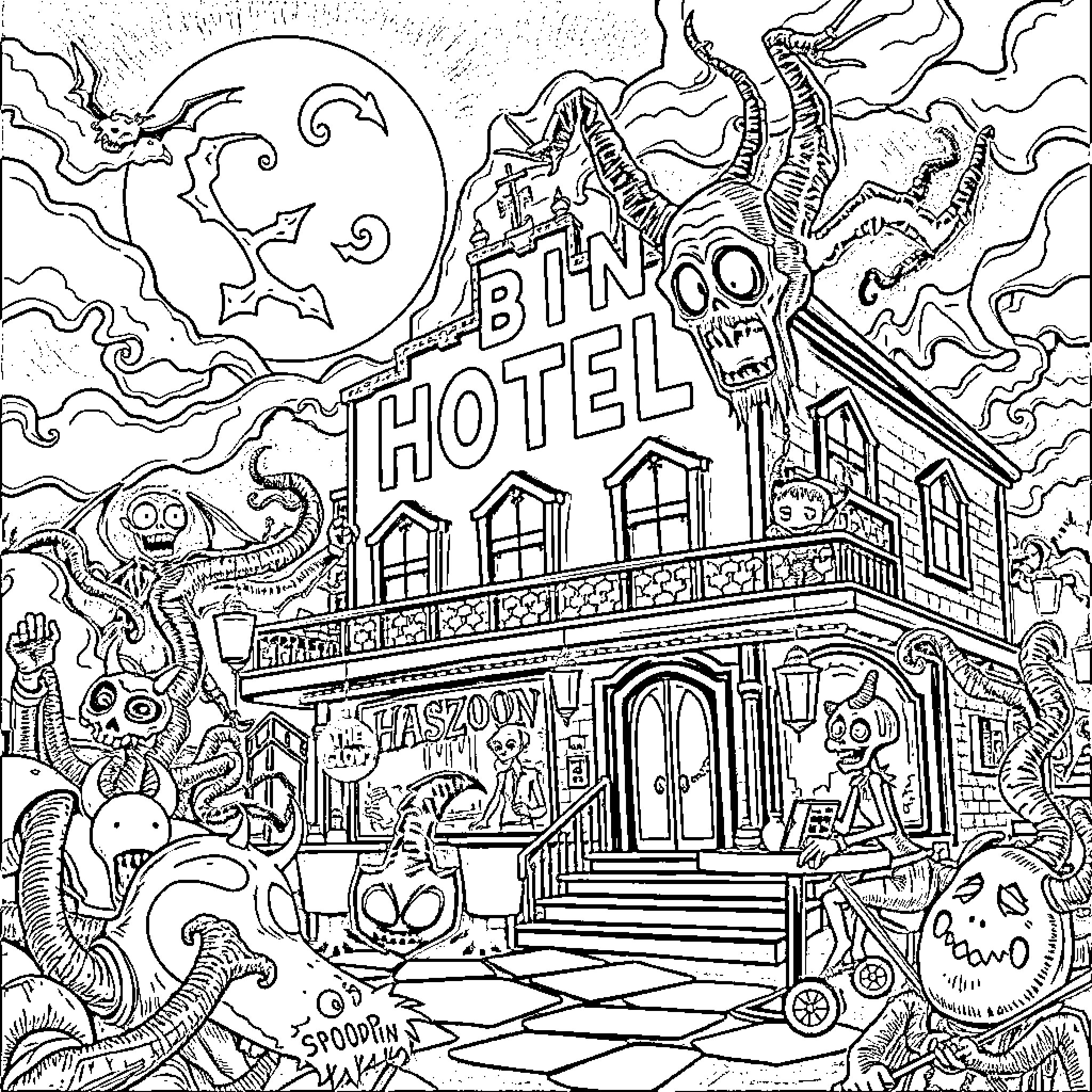 Hazbin Hotel: Whimsical Haunted Hotel with Supernatural Residents Coloring Page (free black-and-white line drawing printable PDF for all, from beginners to advanced learners, including children, teens, adults, and seniors)