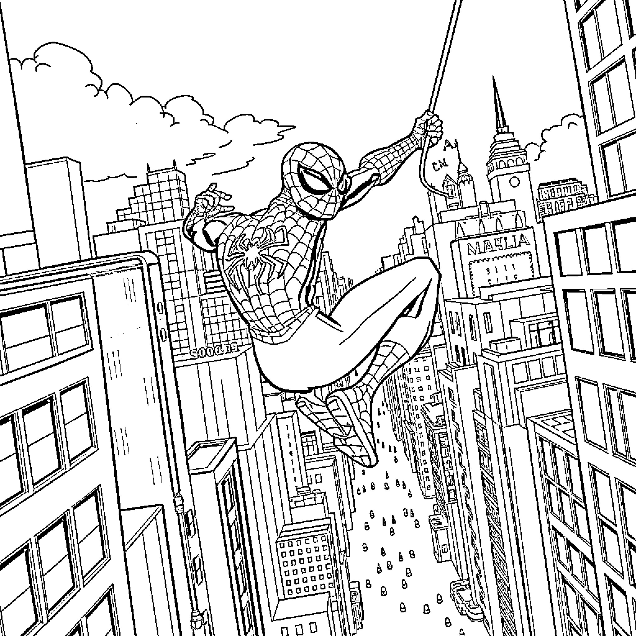 Spidey swinging through the city skyline Coloring Page (free black-and-white line drawing printable PDF for all, from beginners to advanced learners, including children, teens, adults, and seniors)