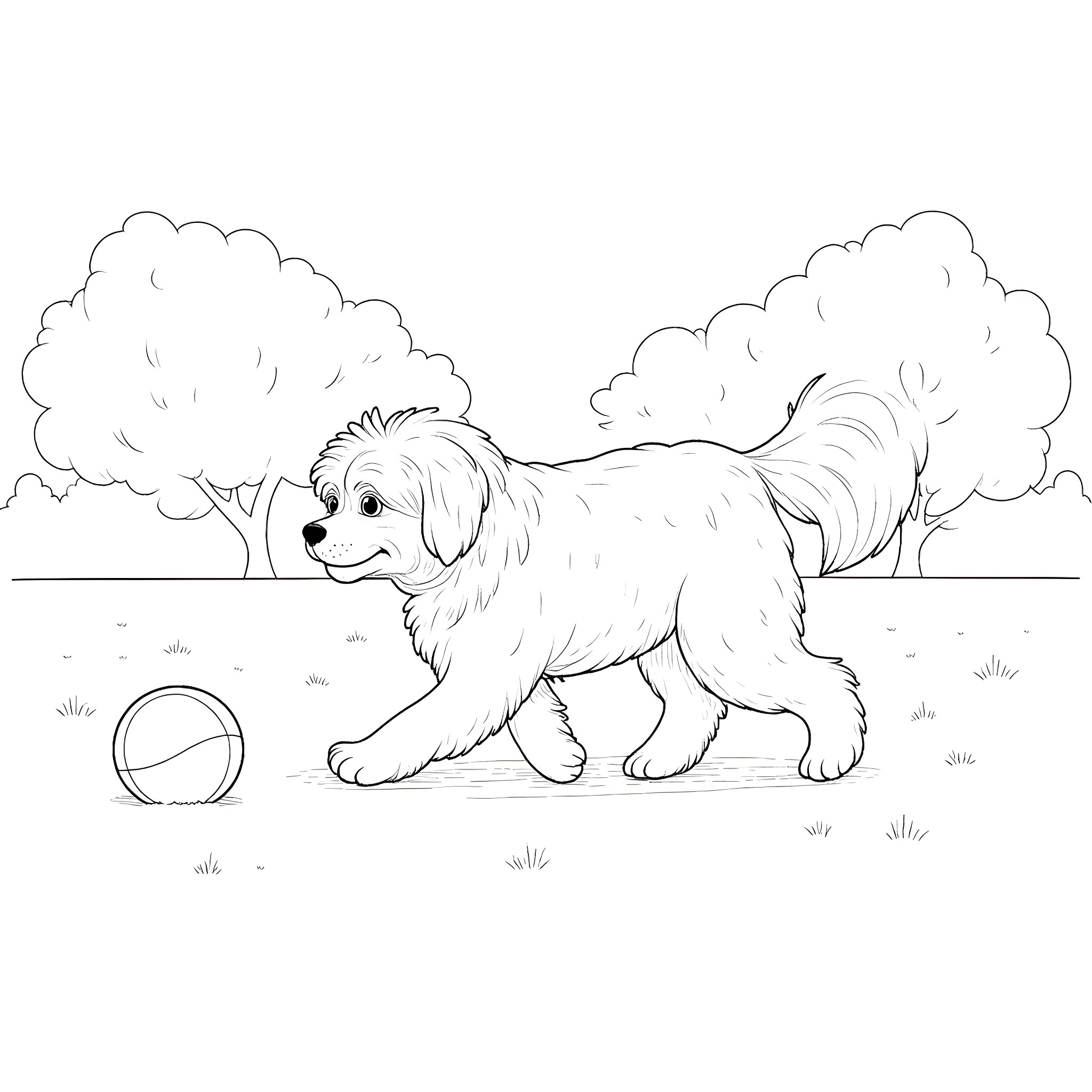 Coton De Tulear playing happily with ball in the park Coloring Page (free black-and-white line drawing printable PDF for all, from beginners to advanced learners, including children, teens, adults, and seniors)