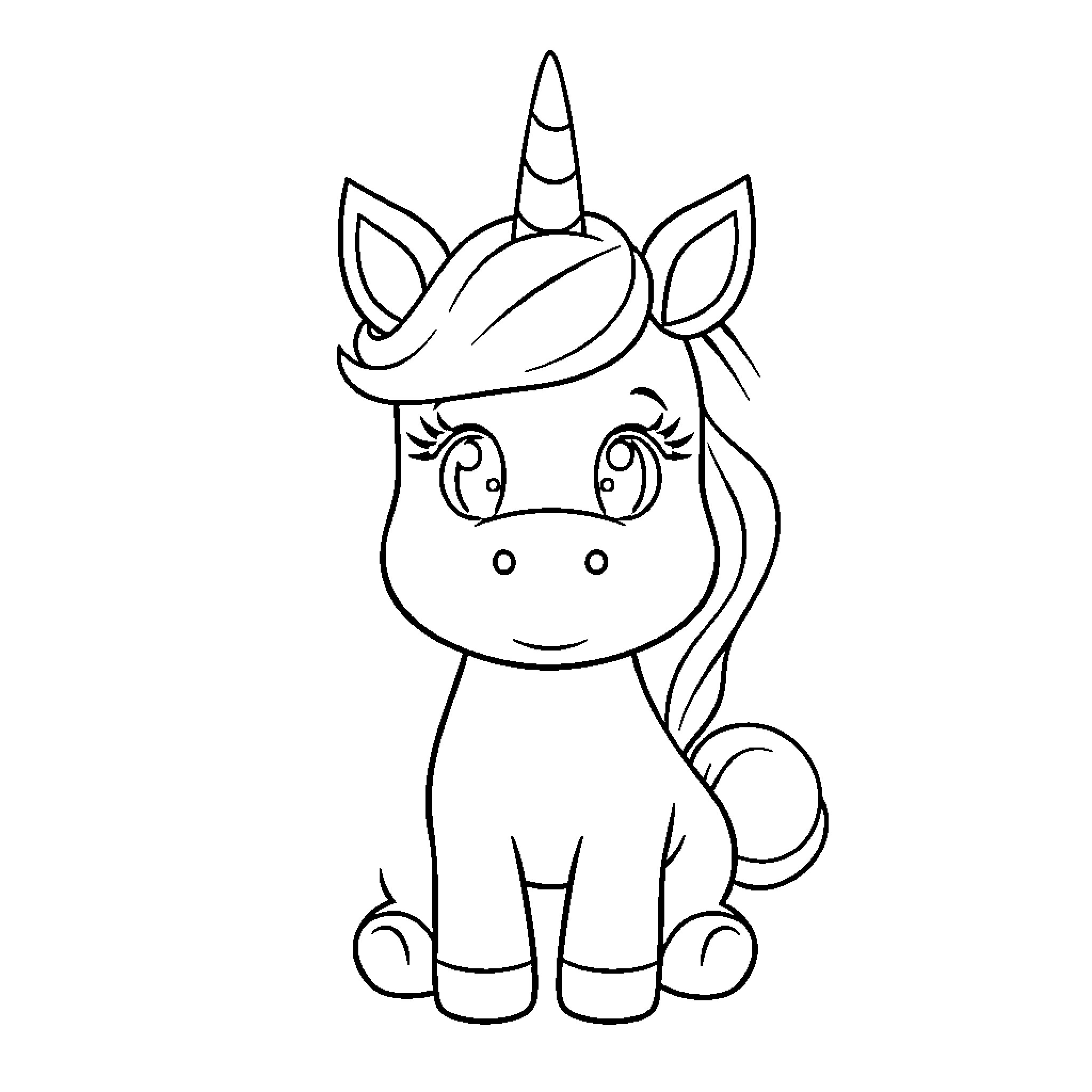 Cartoon Character Cute Unicorn with Horn Coloring Page (free black-and-white line drawing printable PDF for all, from beginners to advanced learners, including children, teens, adults, and seniors)