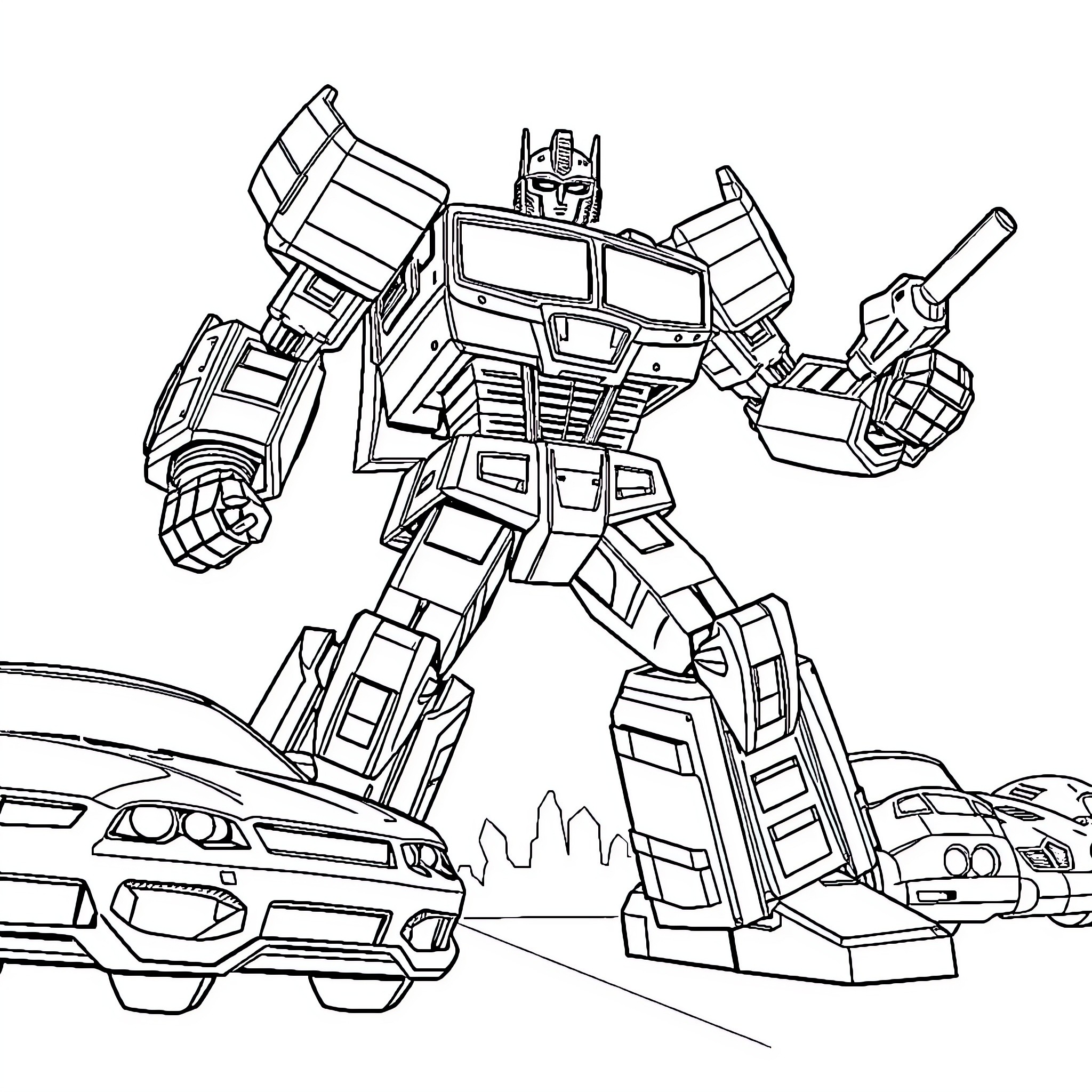 Transformer robot wielding weapon amid vehicles Coloring Page (free black-and-white line drawing printable PDF for all, from beginners to advanced learners, including children, teens, adults, and seniors)