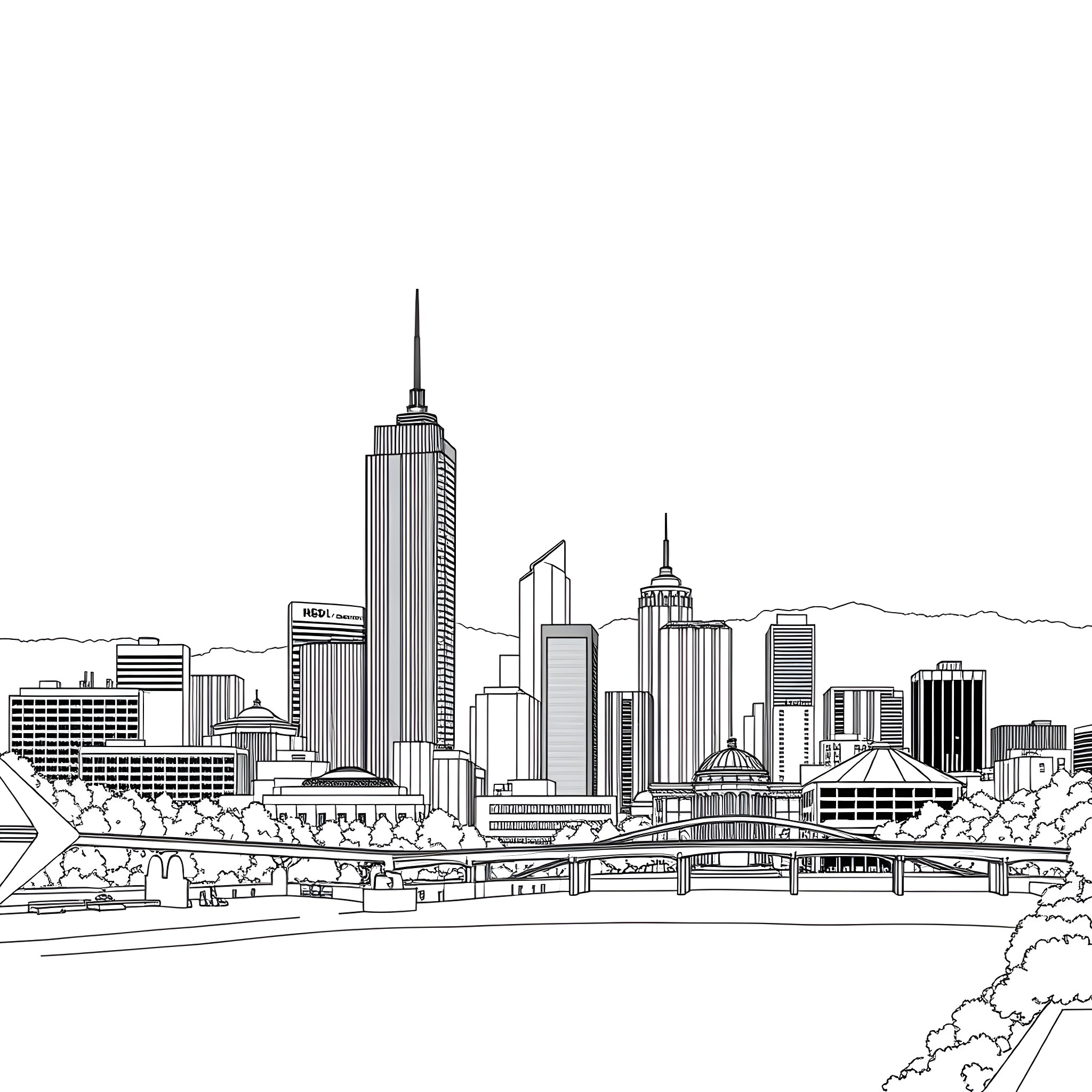 Melbourne skyline with tall buildings and skyscrapers Coloring Page (free black-and-white line drawing printable PDF for all, from beginners to advanced learners, including children, teens, adults, and seniors)