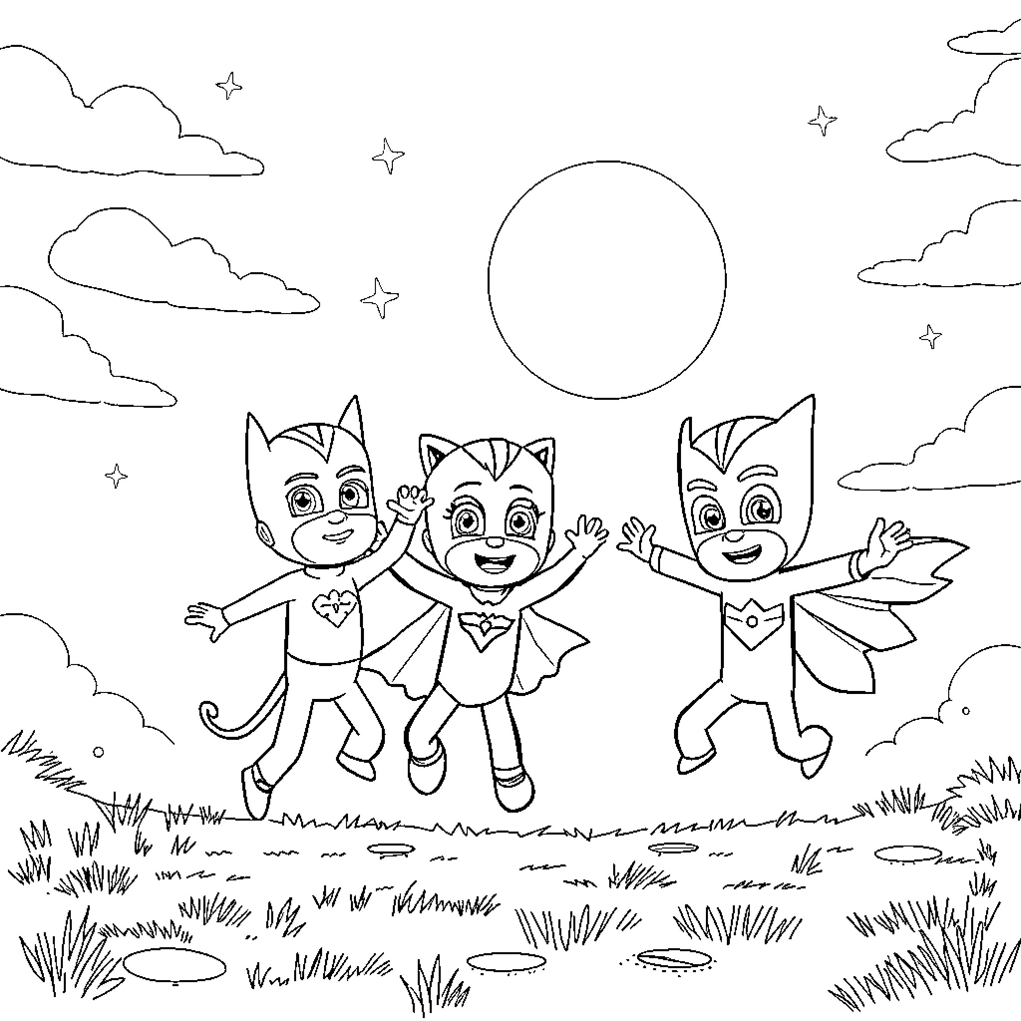 PJ Masks characters playing and exploring outdoors Coloring Page (free black-and-white line drawing printable PDF for all, from beginners to advanced learners, including children, teens, adults, and seniors)