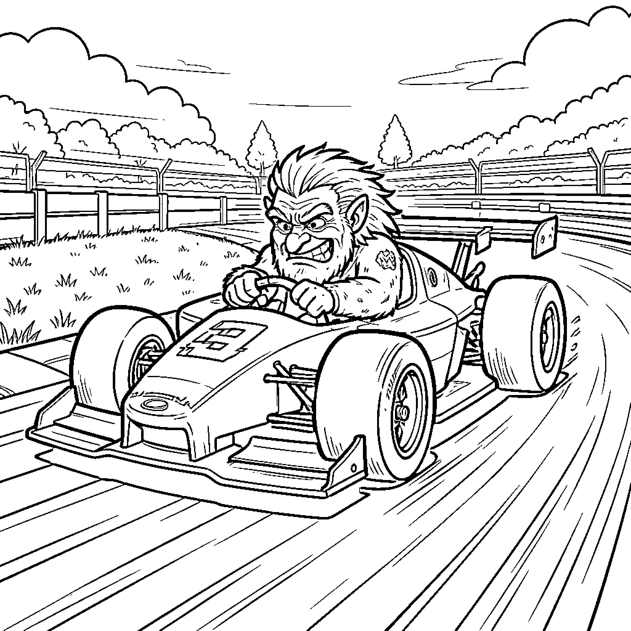 Troll driving a racing car with a determined expression Coloring Page (free black-and-white line drawing printable PDF for all, from beginners to advanced learners, including children, teens, adults, and seniors)