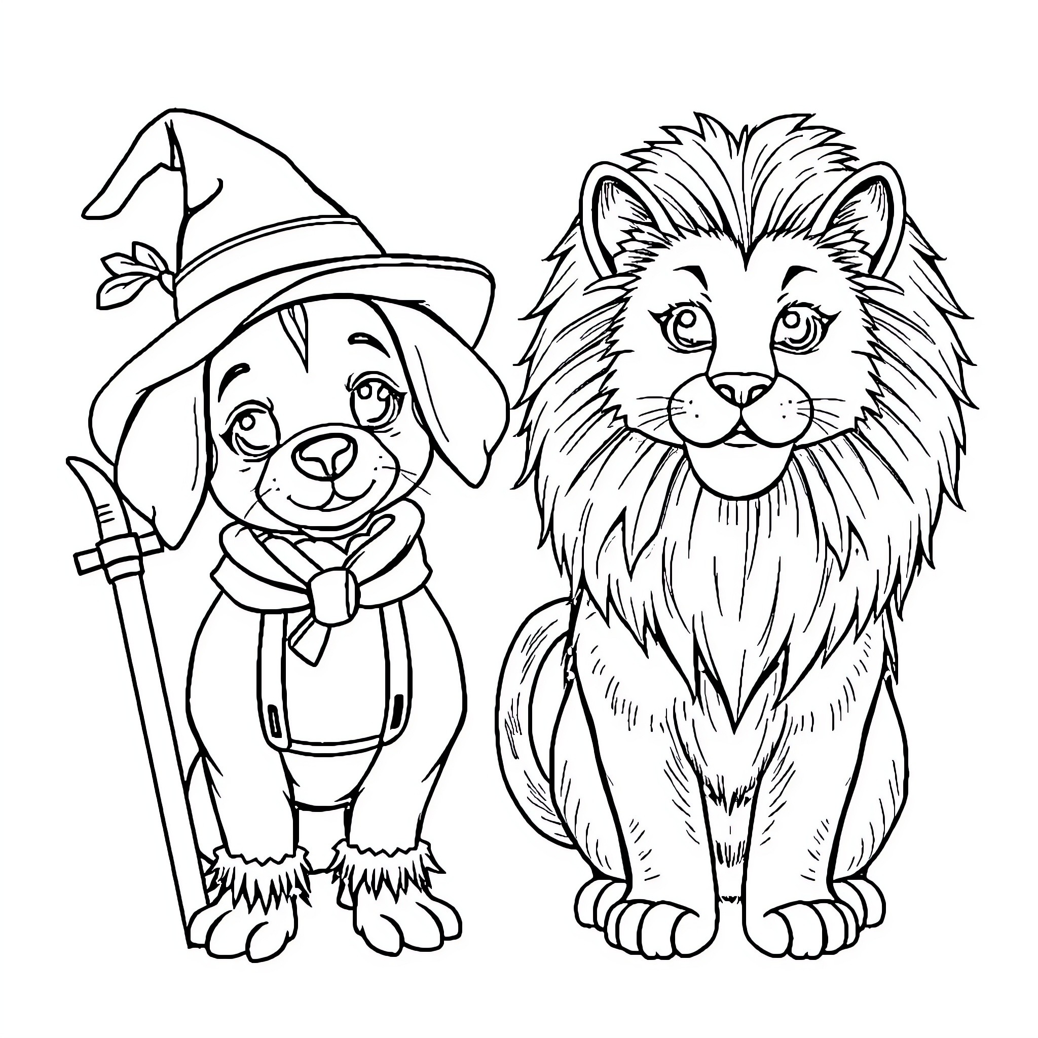 Wizard of Oz Characters in Costume and Pose Coloring Page (free black-and-white line drawing printable PDF for all, from beginners to advanced learners, including children, teens, adults, and seniors)