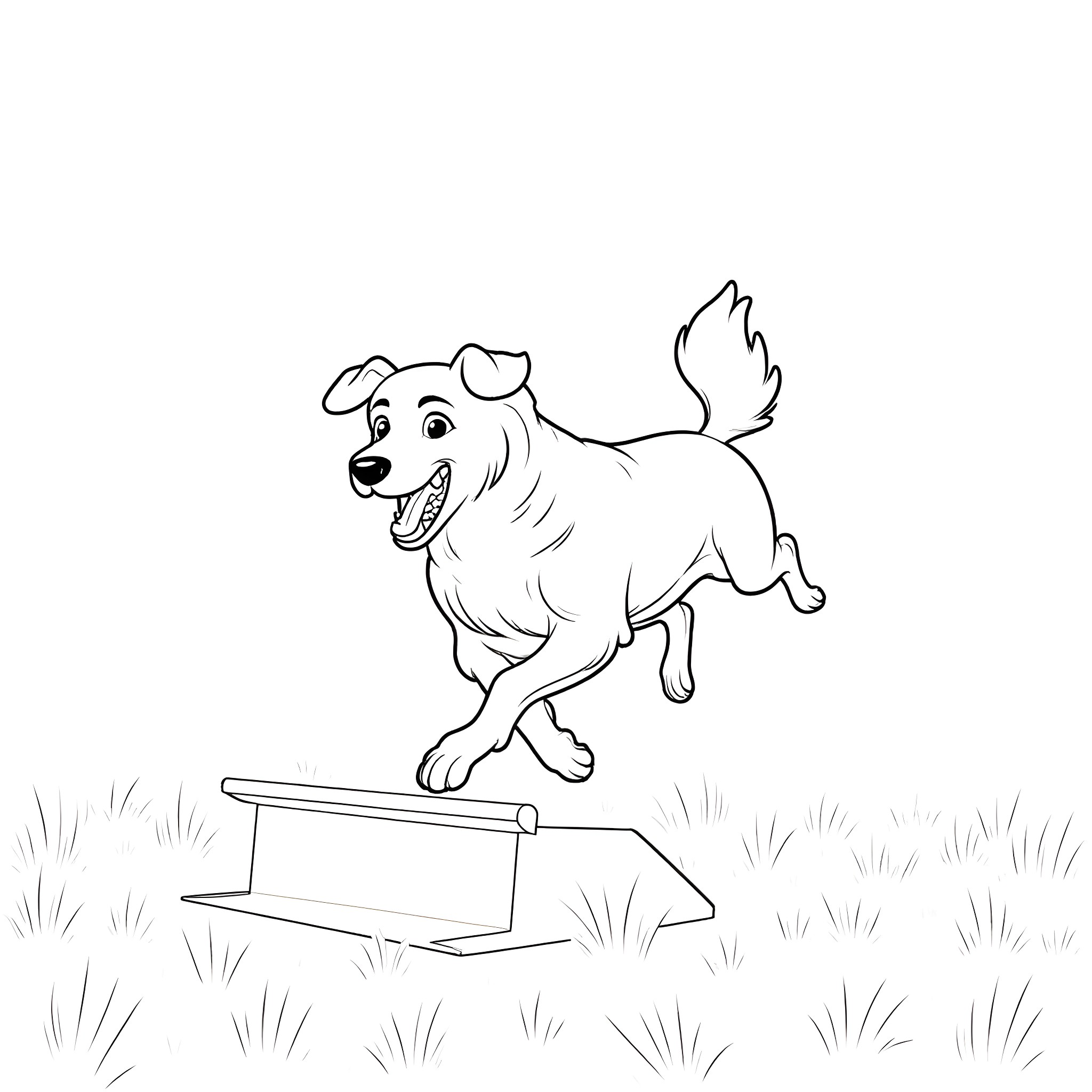 Dog jumping over obstacle happily Coloring Page (free black-and-white line drawing printable PDF for all, from beginners to advanced learners, including children, teens, adults, and seniors)