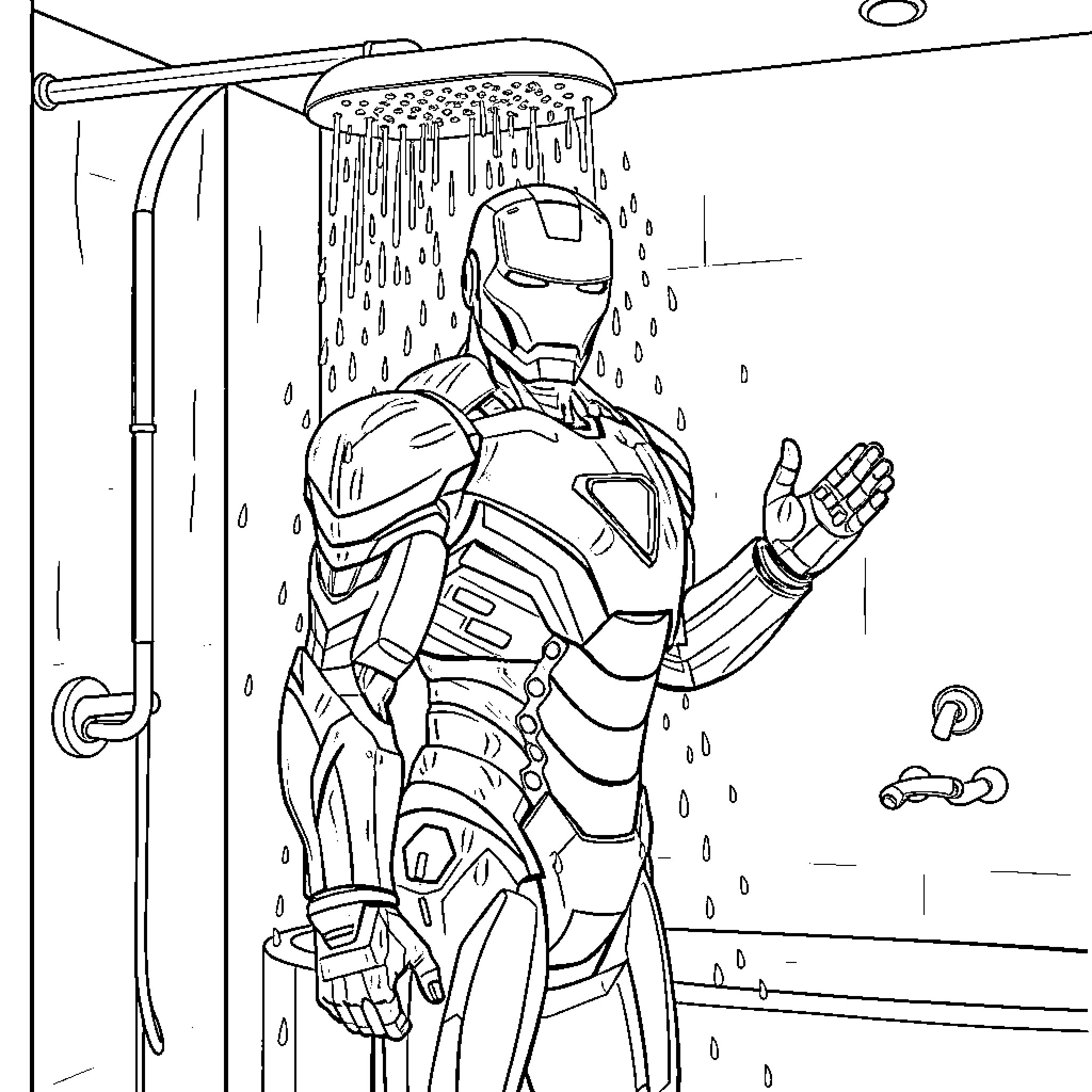Ironman taking a shower in his armored suit Coloring Page (free black-and-white line drawing printable PDF for all, from beginners to advanced learners, including children, teens, adults, and seniors)