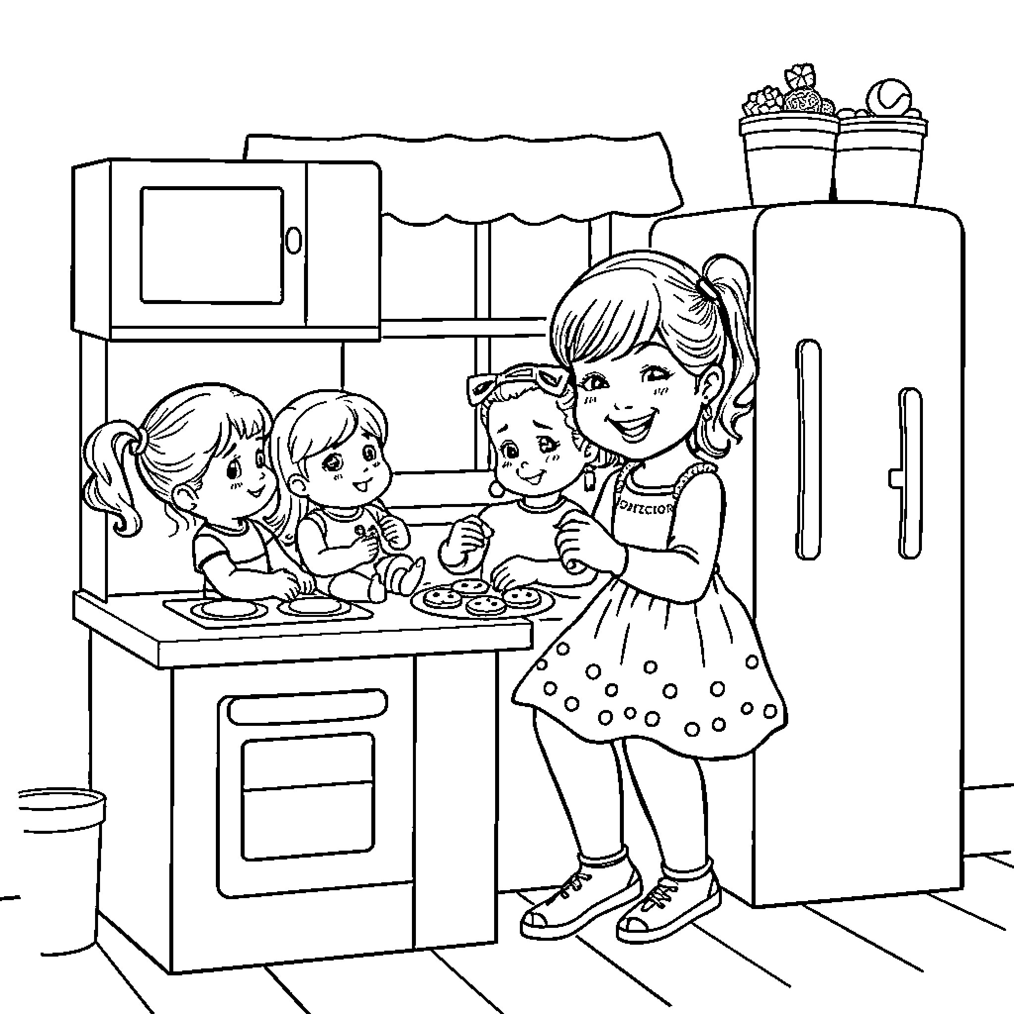 Toddlers helping in the kitchen Coloring Page (free black-and-white line drawing printable PDF for all, from beginners to advanced learners, including children, teens, adults, and seniors)