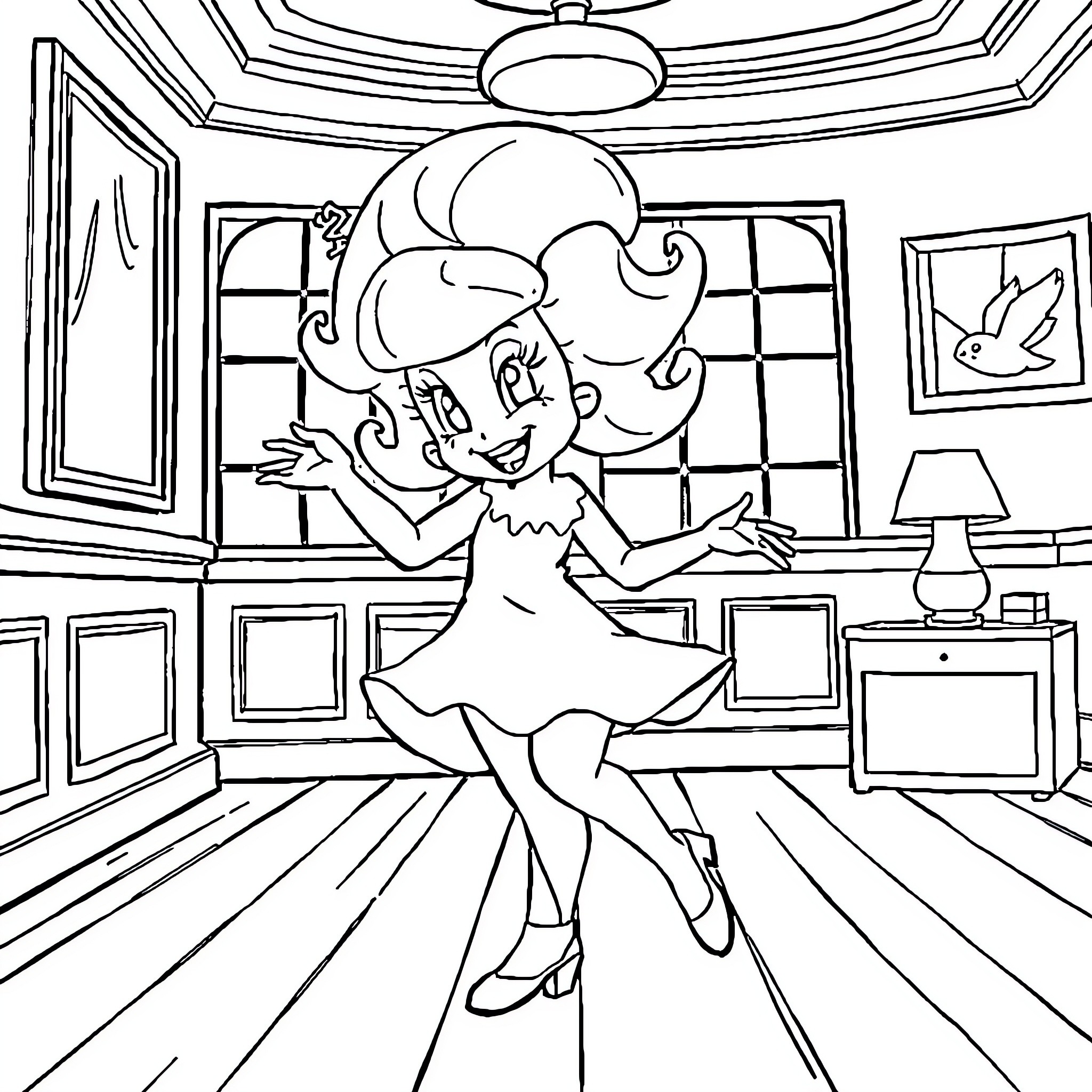 Haydee dancing joyfully in an elegant room Coloring Page (free black-and-white line drawing printable PDF for all, from beginners to advanced learners, including children, teens, adults, and seniors)