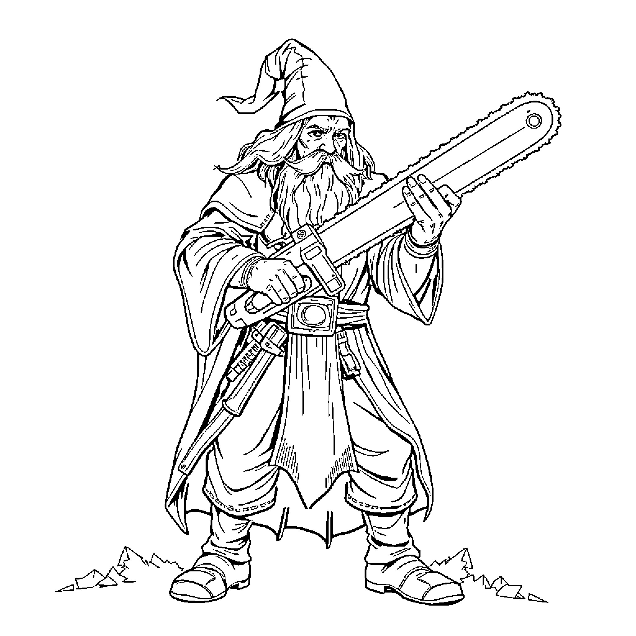 Gandalf the Wizard Wielding a Powerful Weapon Coloring Page (free black-and-white line drawing printable PDF for all, from beginners to advanced learners, including children, teens, adults, and seniors)