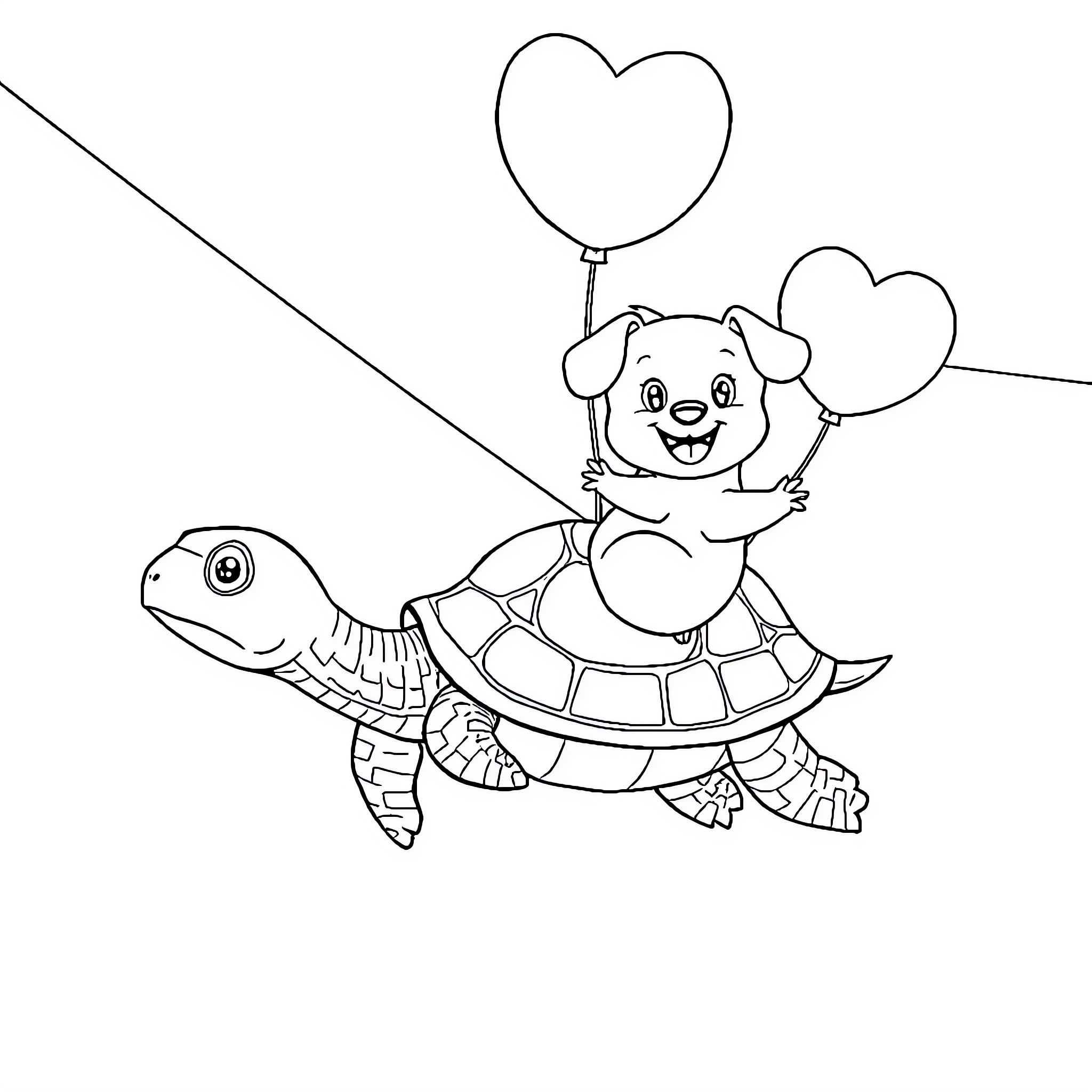 Dog riding on a happy turtle with heart balloons Coloring Page (free black-and-white line drawing printable PDF for all, from beginners to advanced learners, including children, teens, adults, and seniors)