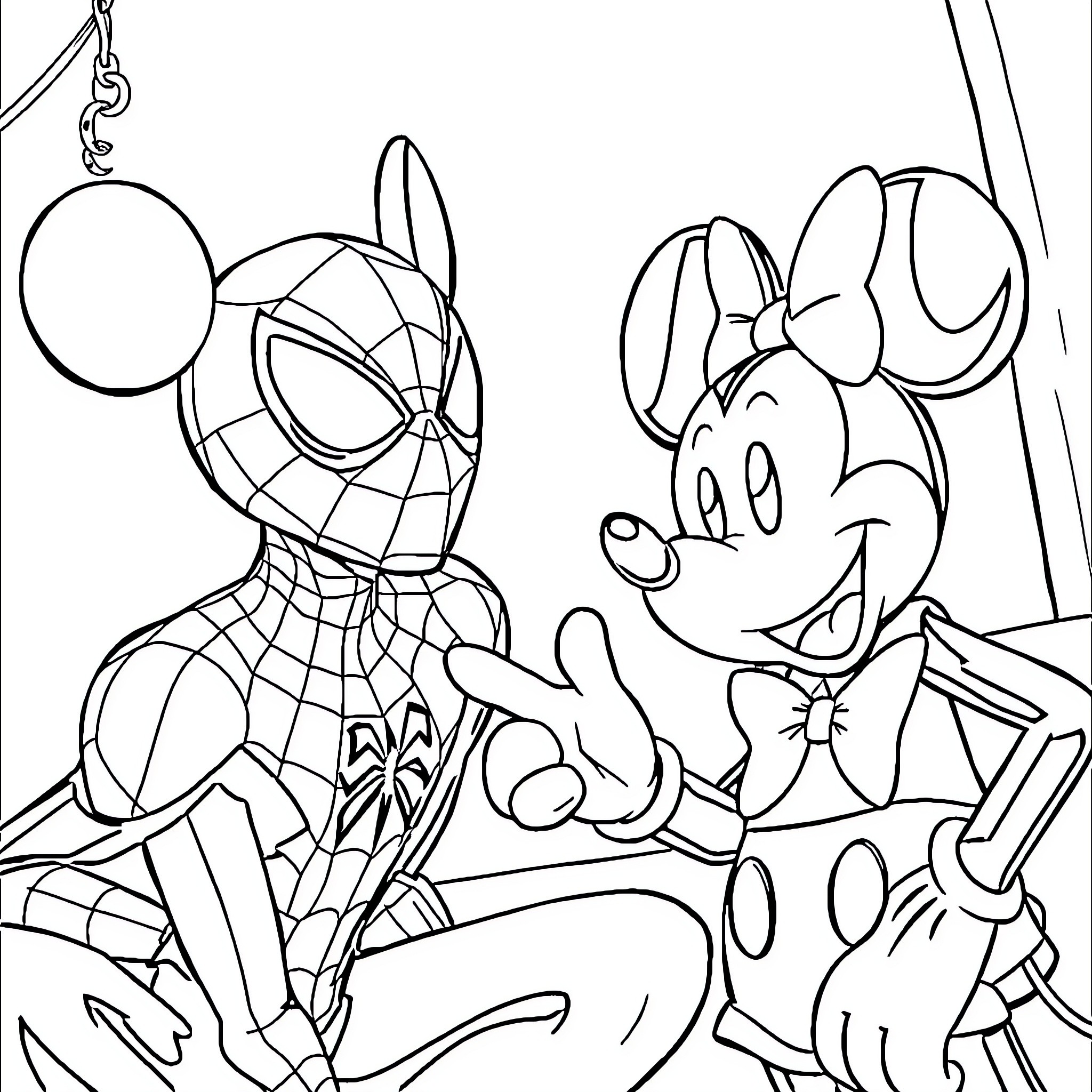 Spidey and friends in a playful adventure Coloring Page (free black-and-white line drawing printable PDF for all, from beginners to advanced learners, including children, teens, adults, and seniors)