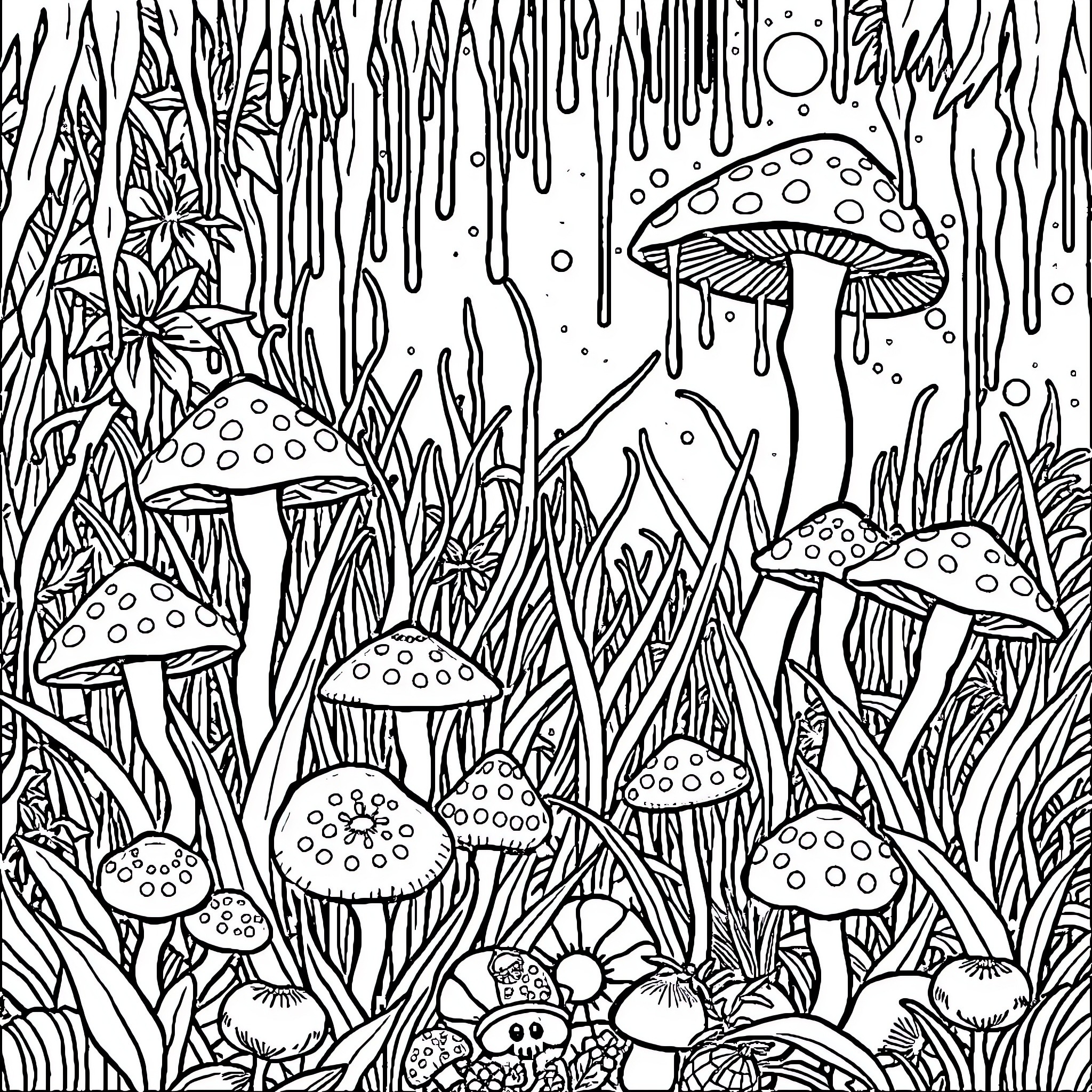 Mushroom Wonderland - Enchanting Forest Scene Coloring Page (free black-and-white line drawing printable PDF for all, from beginners to advanced learners, including children, teens, adults, and seniors)