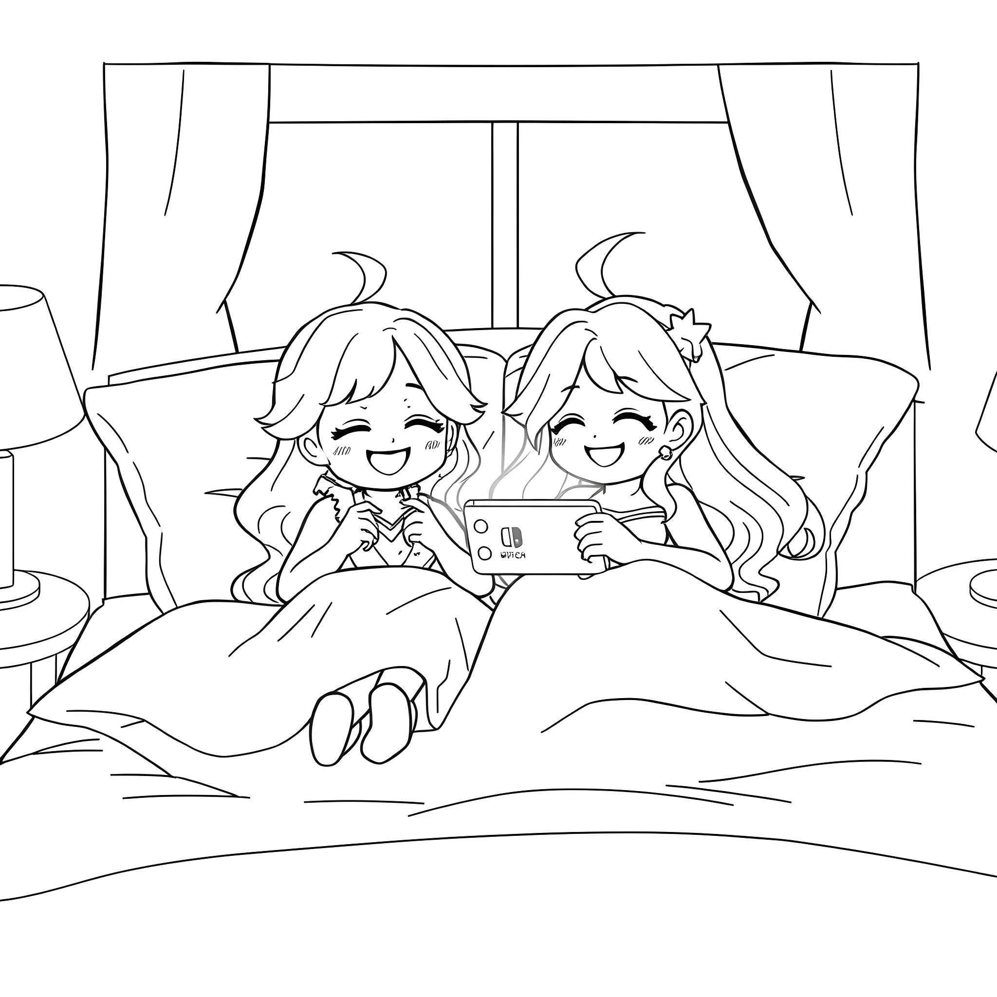 Falin: Girls Enjoying Game Together on Sleepover Coloring Page (free black-and-white line drawing printable PDF for all, from beginners to advanced learners, including children, teens, adults, and seniors)