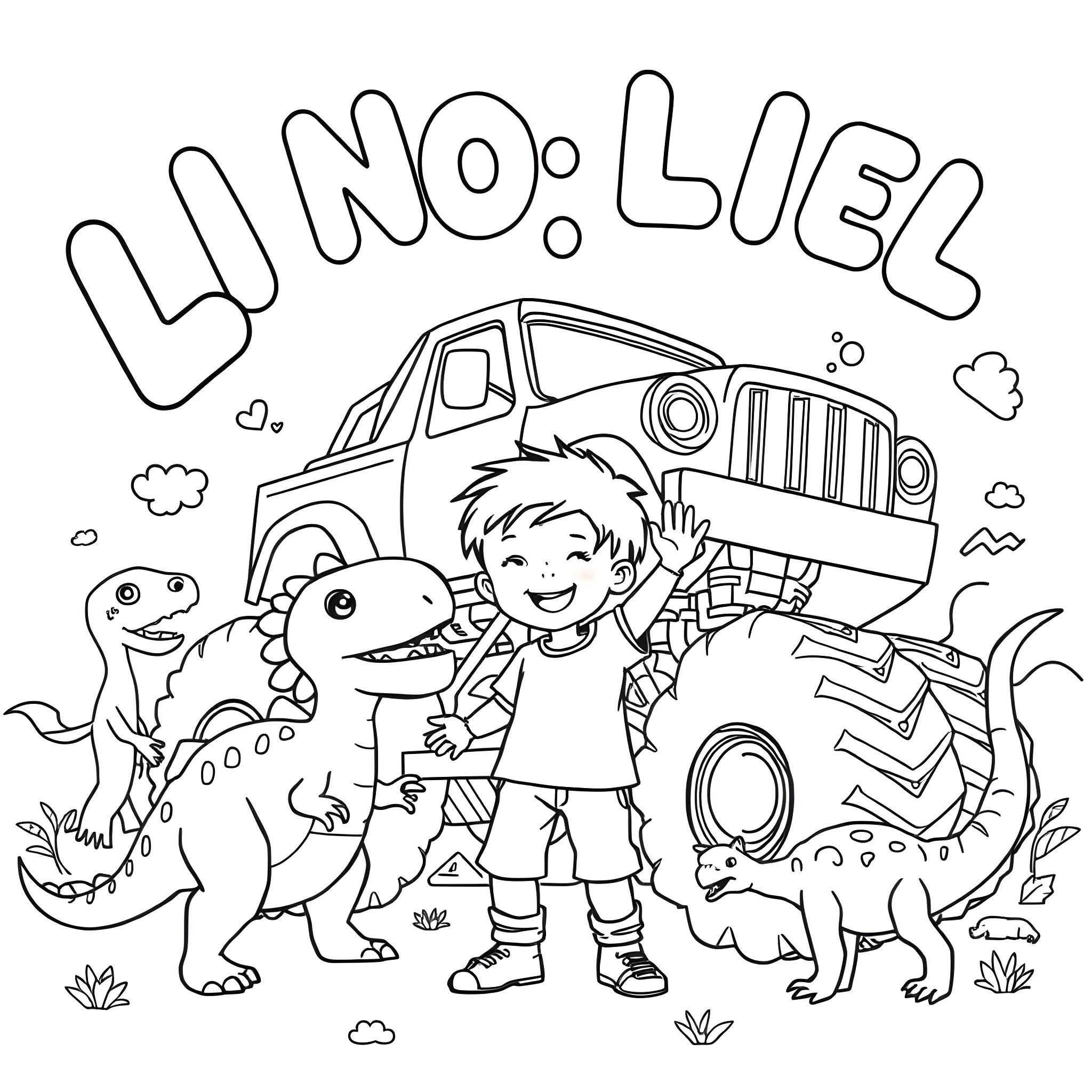 Liam's fun adventure with dinosaurs and monster trucks Coloring Page (free black-and-white line drawing printable PDF for all, from beginners to advanced learners, including children, teens, adults, and seniors)
