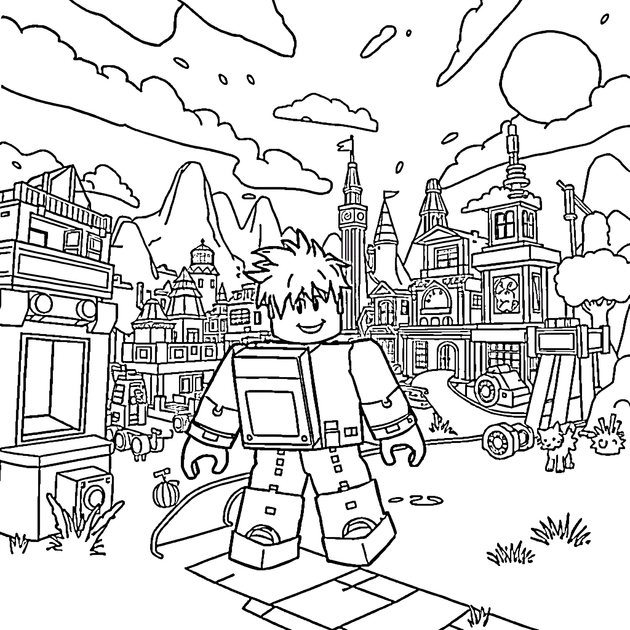 Roblox characters exploring a vibrant virtual city Coloring Page (free black-and-white line drawing printable PDF for all, from beginners to advanced learners, including children, teens, adults, and seniors)
