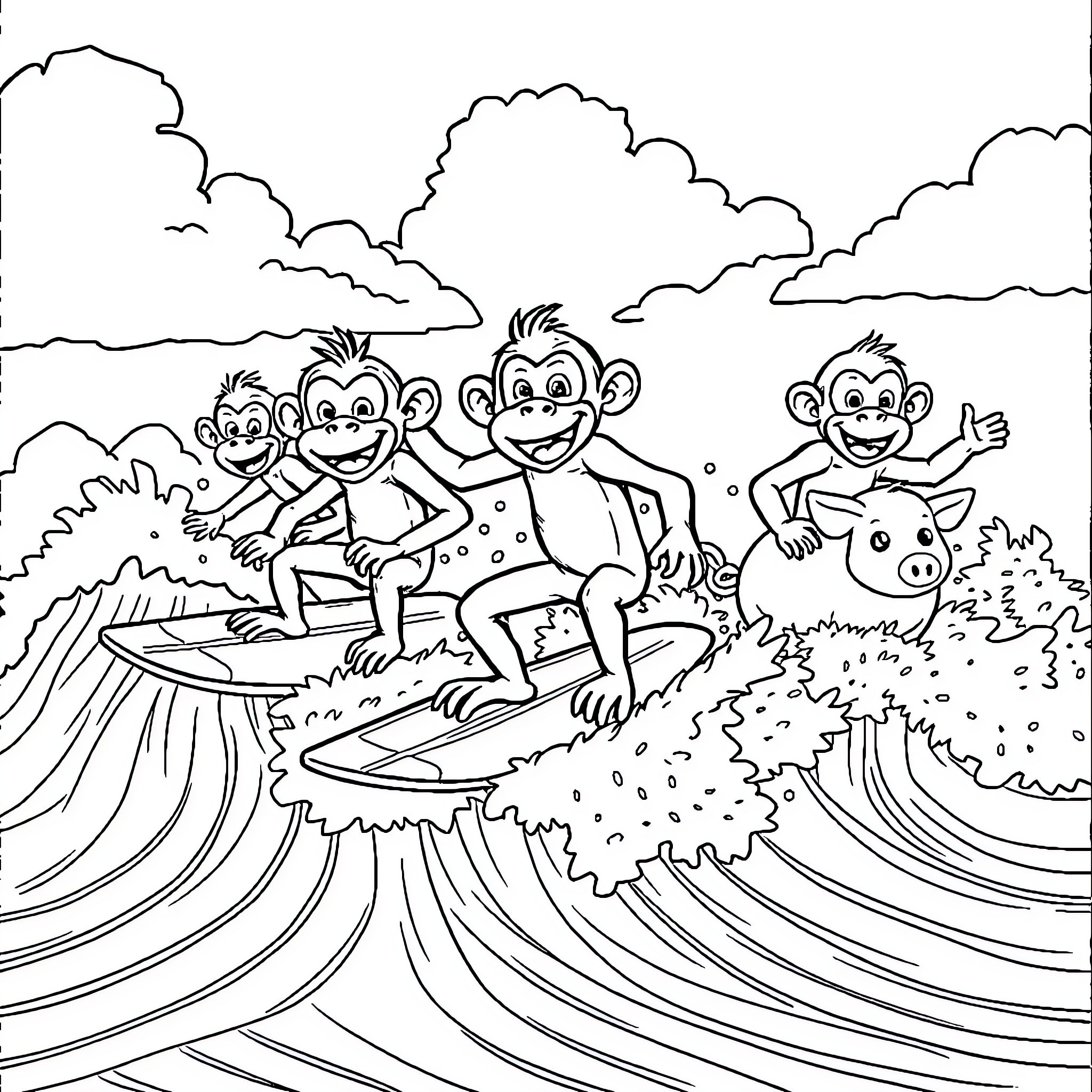 Monkeys surfing on waves in the ocean Coloring Page (free black-and-white line drawing printable PDF for all, from beginners to advanced learners, including children, teens, adults, and seniors)