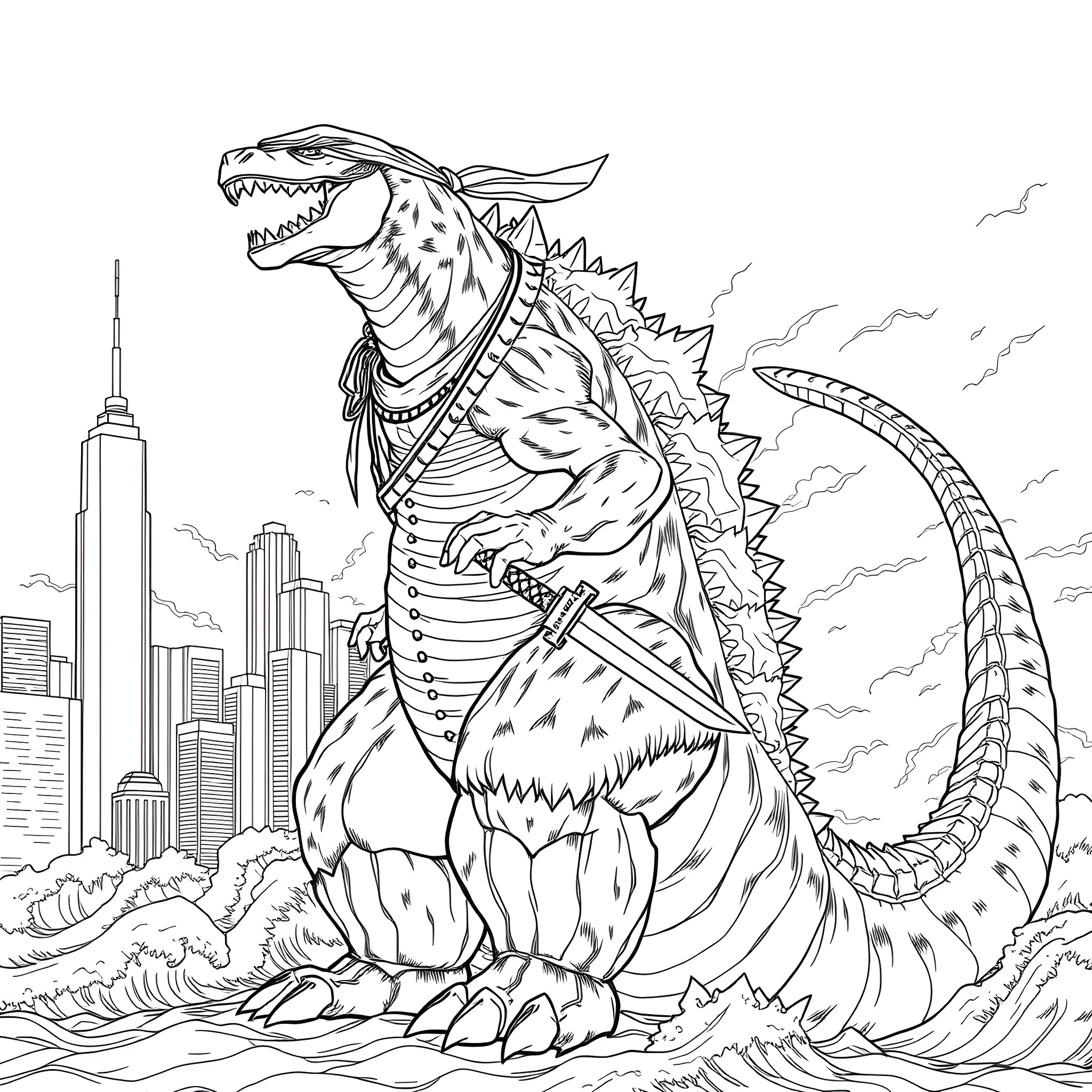 Godzilla Rampaging Through the City Coloring Page (free black-and-white line drawing printable PDF for all, from beginners to advanced learners, including children, teens, adults, and seniors)