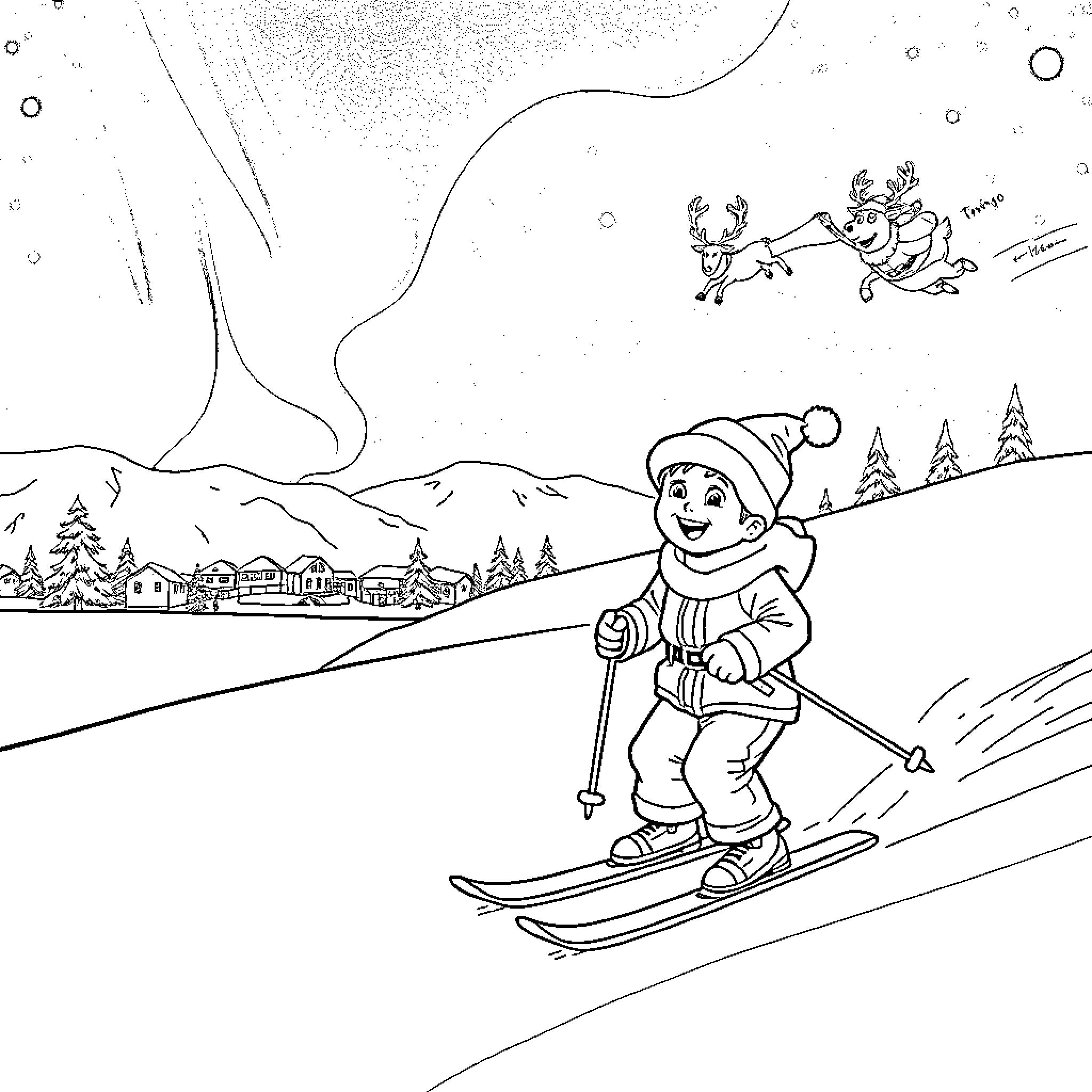 Boy Skiing Happily in Snowy Landscape Coloring Page (free black-and-white line drawing printable PDF for all, from beginners to advanced learners, including children, teens, adults, and seniors)
