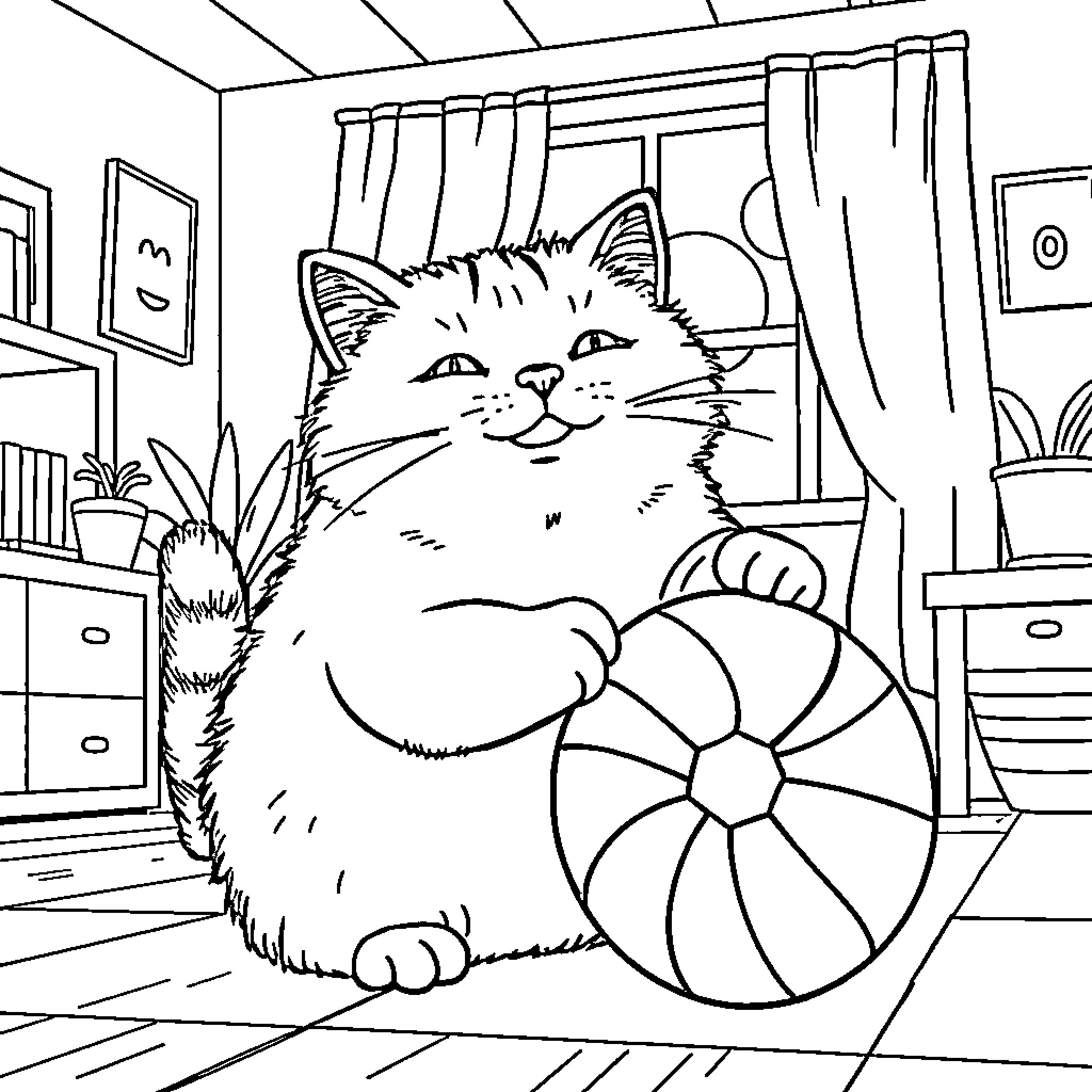 Pusheen Relaxing with Ball in Cozy Room Coloring Page (free black-and-white line drawing printable PDF for all, from beginners to advanced learners, including children, teens, adults, and seniors)