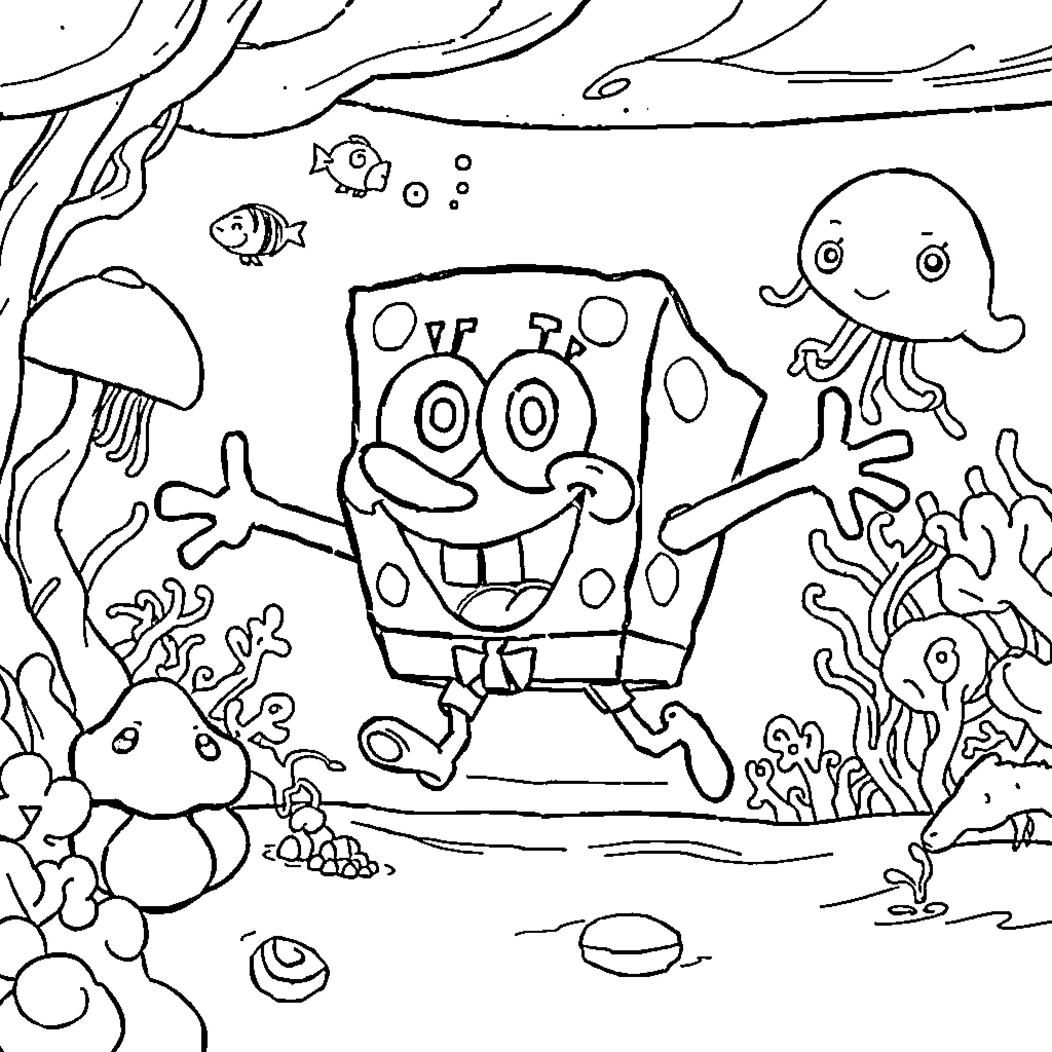 Spongebob's Underwater Adventure Coloring Page (free black-and-white line drawing printable PDF for all, from beginners to advanced learners, including children, teens, adults, and seniors)