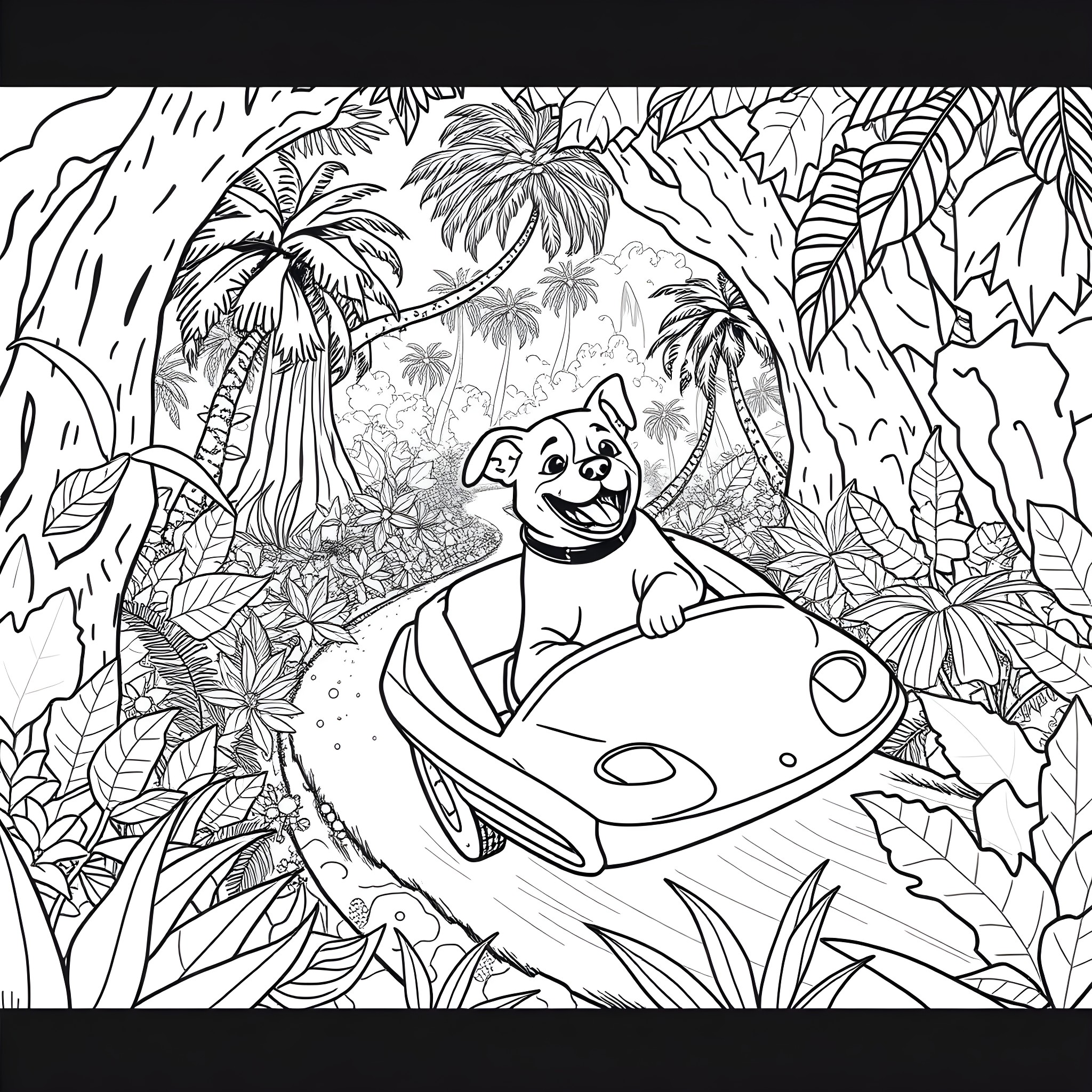 Dog driving a car in a tropical jungle Coloring Page (free black-and-white line drawing printable PDF for all, from beginners to advanced learners, including children, teens, adults, and seniors)