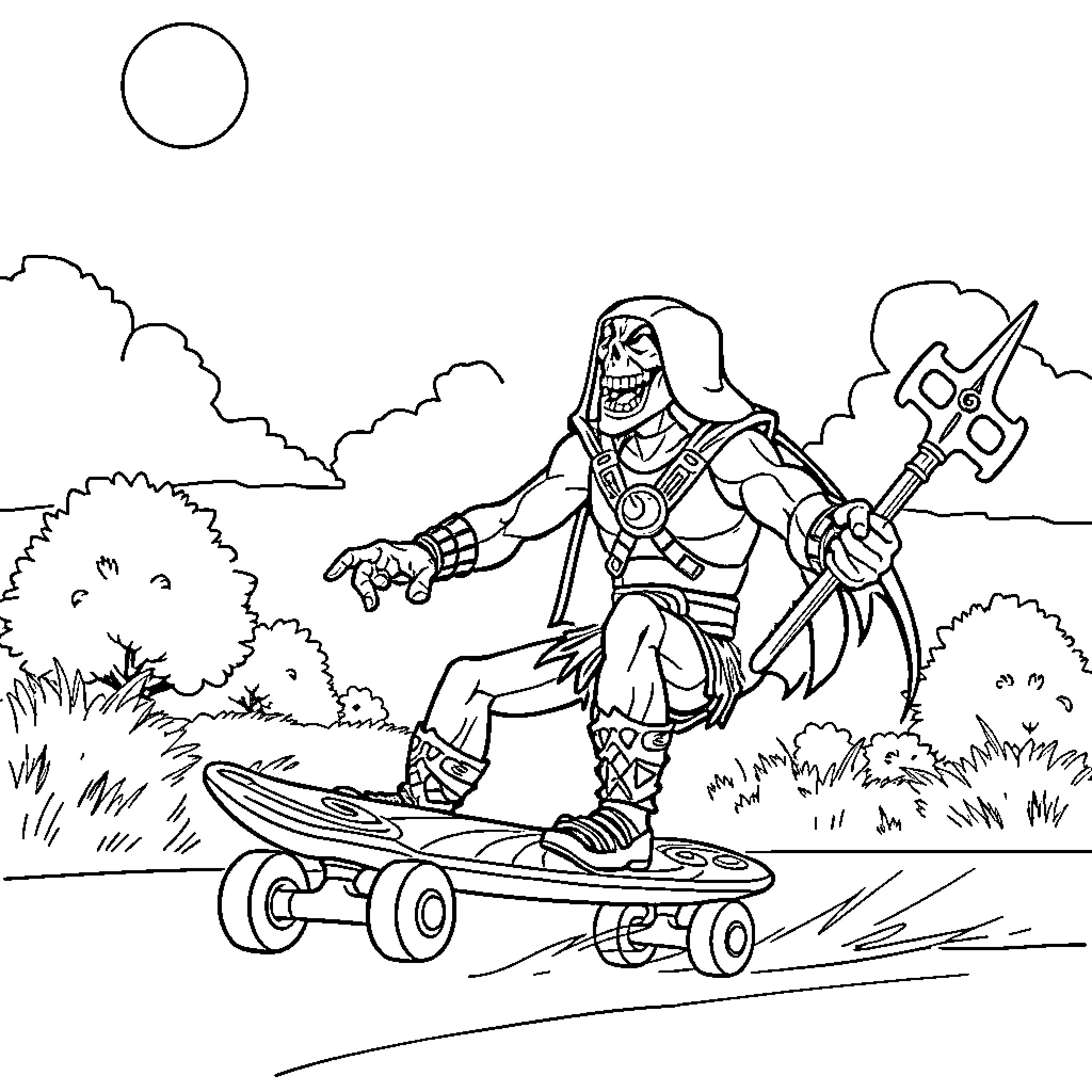 Skeletor riding a skateboard through the wilderness Coloring Page (free black-and-white line drawing printable PDF for all, from beginners to advanced learners, including children, teens, adults, and seniors)