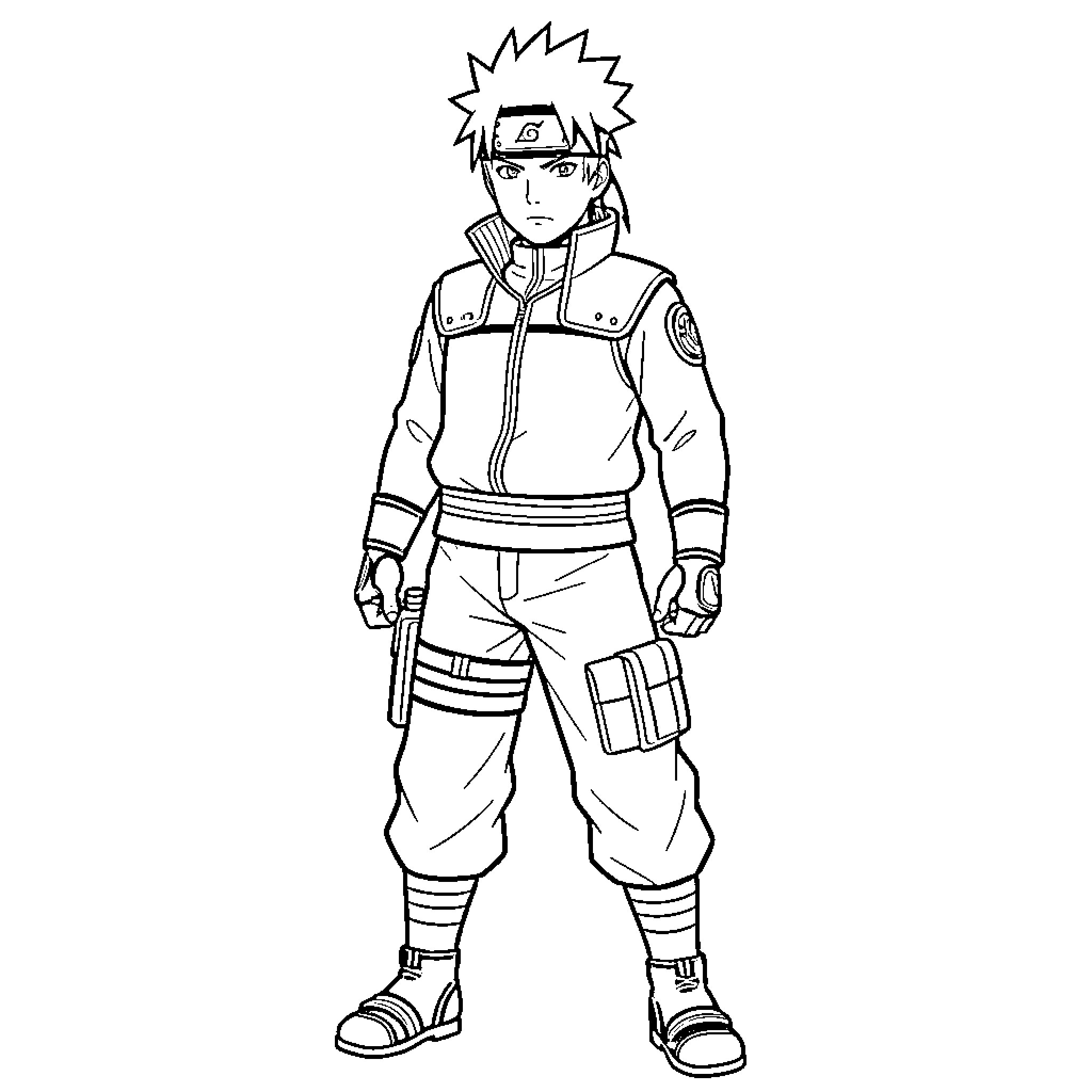 Itachi Uchiha standing in a determined ninja pose Coloring Page (free black-and-white line drawing printable PDF for all, from beginners to advanced learners, including children, teens, adults, and seniors)