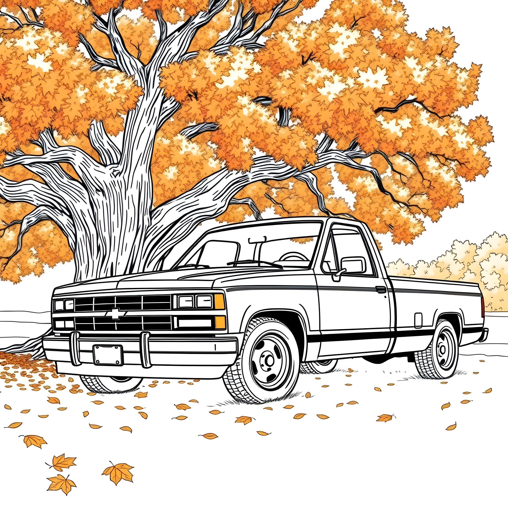 Stepside truck parked under vibrant autumn trees Coloring Page (free black-and-white line drawing printable PDF for all, from beginners to advanced learners, including children, teens, adults, and seniors)