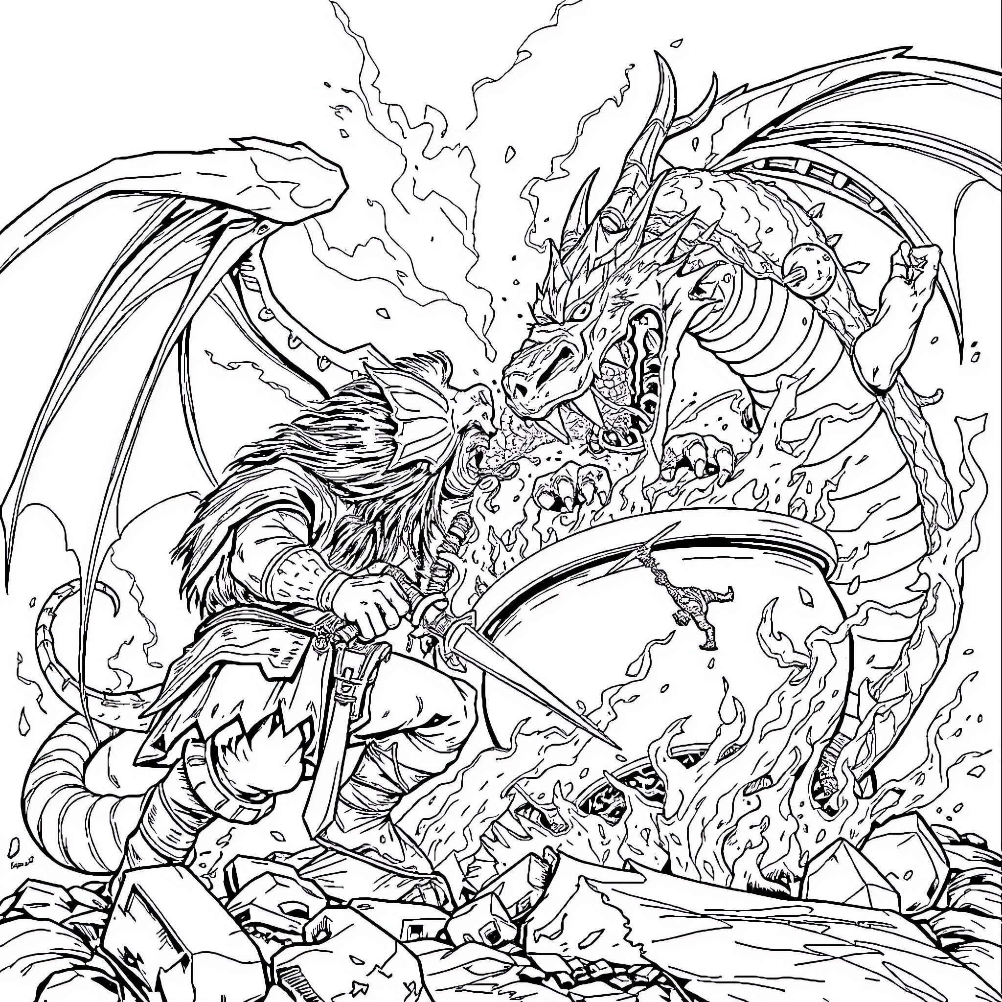 Golem warrior battling a monstrous dragon Coloring Page (free black-and-white line drawing printable PDF for all, from beginners to advanced learners, including children, teens, adults, and seniors)