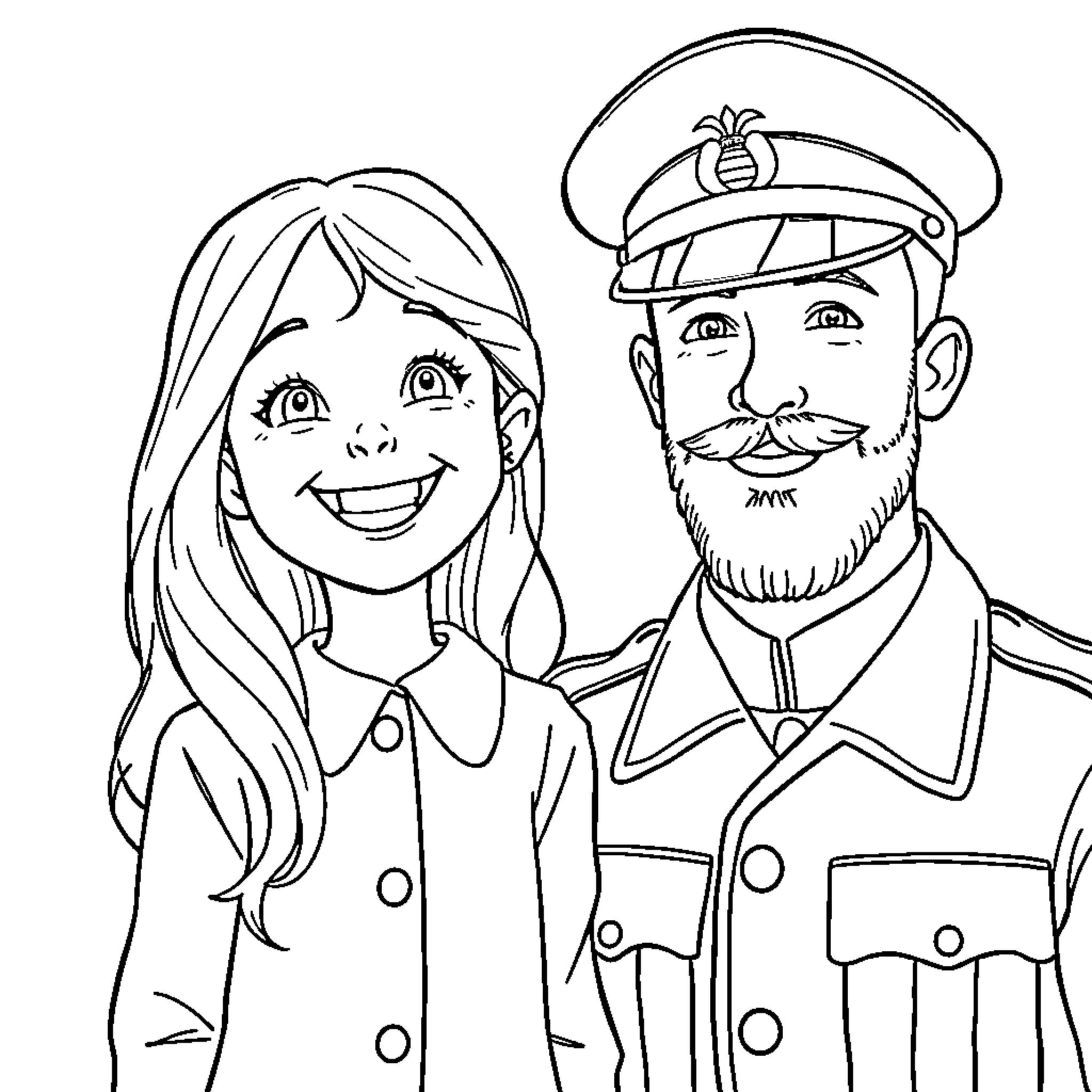 Girl and uniformed man in friendly conversation Coloring Page (free black-and-white line drawing printable PDF for all, from beginners to advanced learners, including children, teens, adults, and seniors)