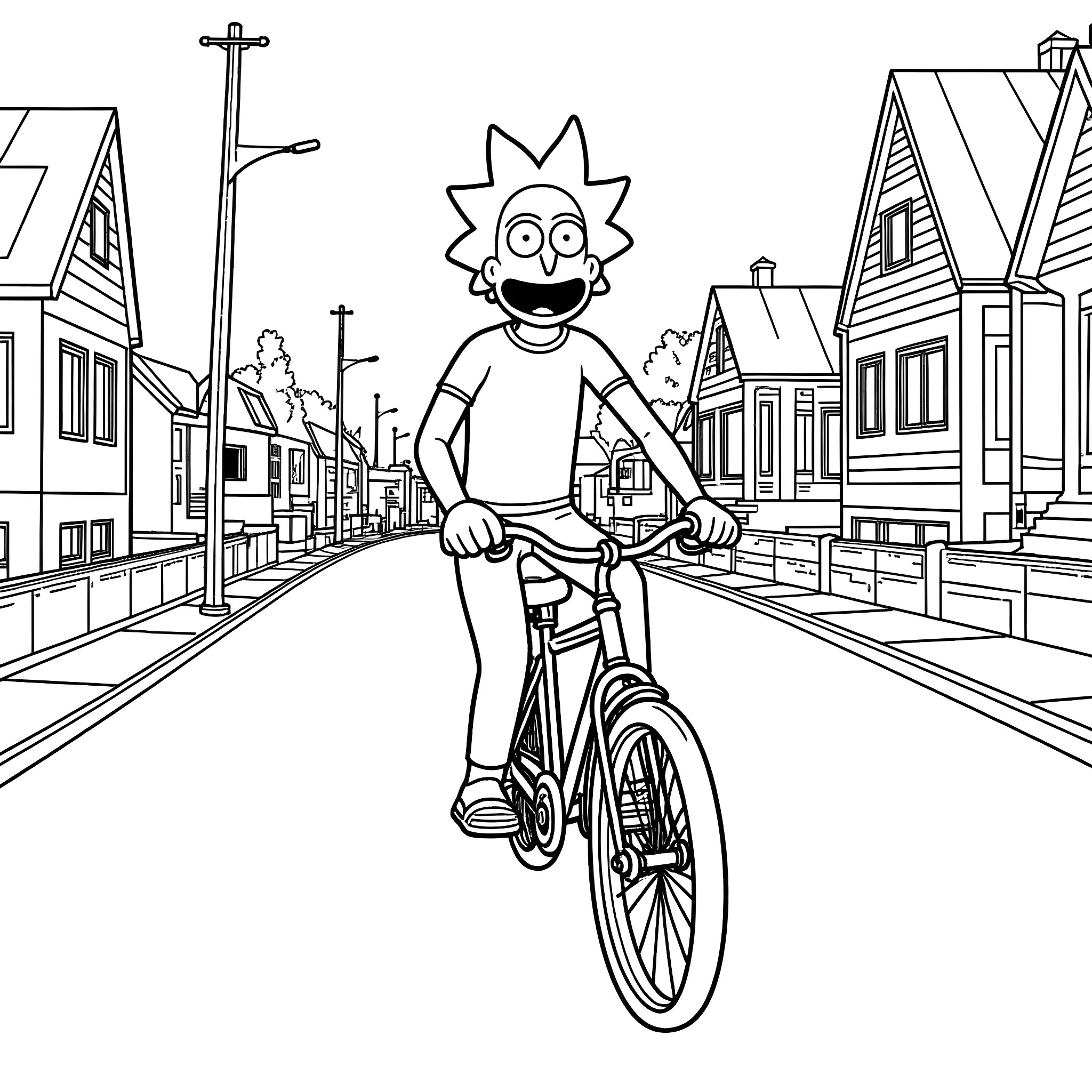 Rick Sanchez riding a bicycle through the city Coloring Page (free black-and-white line drawing printable PDF for all, from beginners to advanced learners, including children, teens, adults, and seniors)