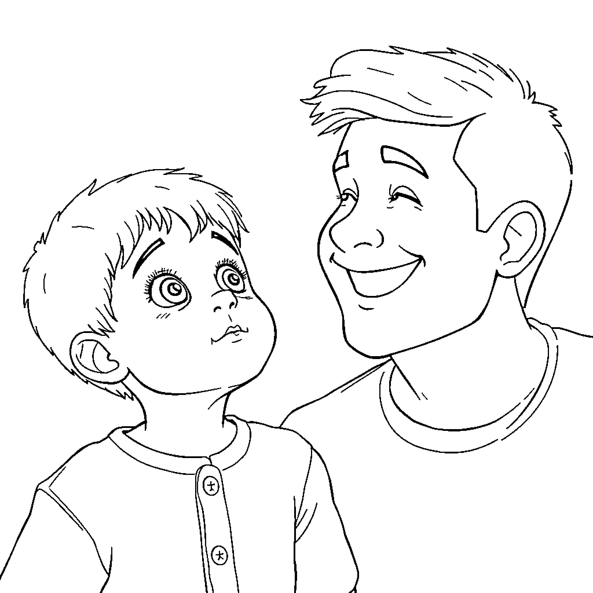 Boy helps younger child with caring expression Coloring Page (free black-and-white line drawing printable PDF for all, from beginners to advanced learners, including children, teens, adults, and seniors)